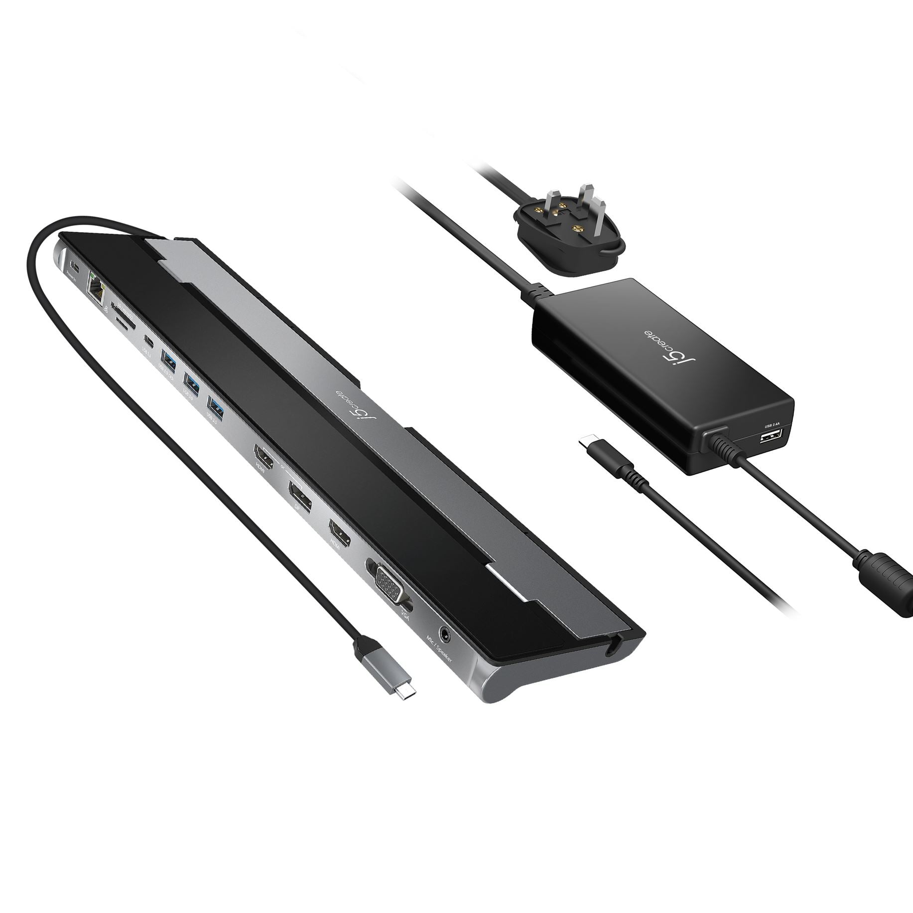 j5create JCD543P-FN Dockingstation – USB-C, 1× DP, 2× HDMI, 1× VGA, 3× USB-A, 2× USB-C, 100 W PD, GbE