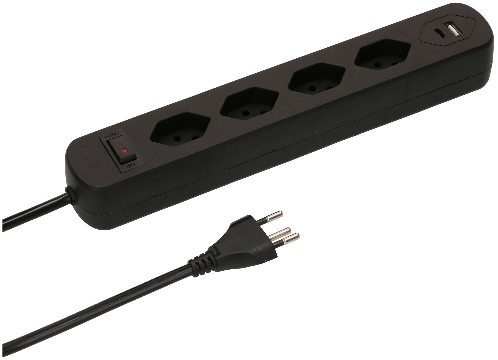 Max Hauri AG Max Hauri Basic-Line – Steckdosenleiste, 4× T13, 1× USB‑A, 1× USB‑C, mit Schalter, 1,5 m, Stecker T12, IP20