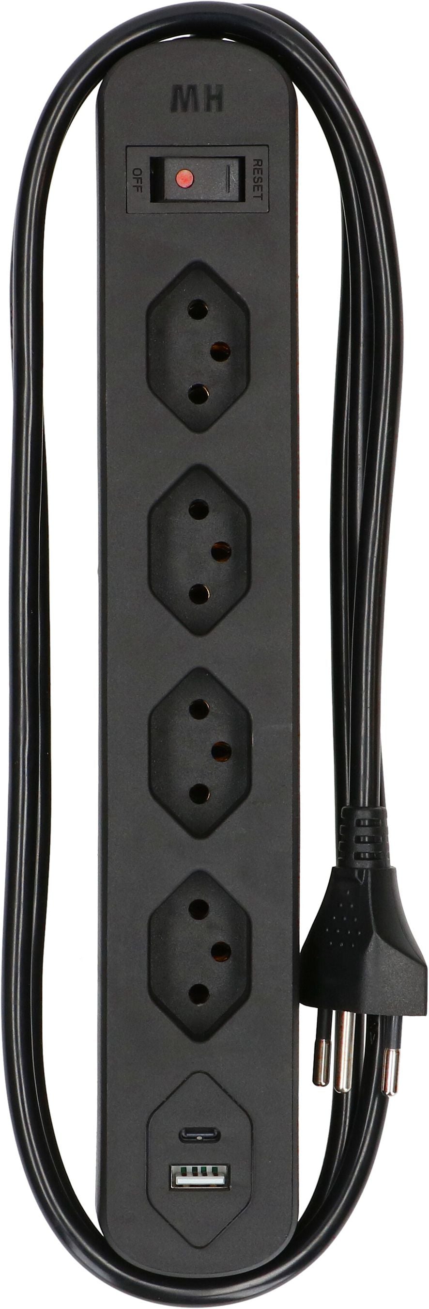 Max Hauri AG Max Hauri Basic-Line – Steckdosenleiste, 4× T13, 1× USB‑A, 1× USB‑C, mit Schalter, 1,5 m, Stecker T12, IP20