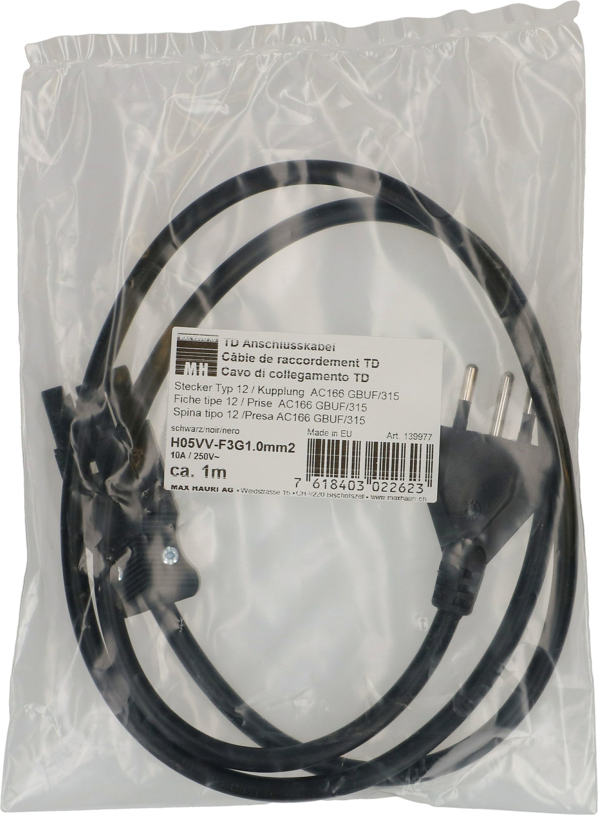 Max Hauri AG Max Hauri T12–GST18I3 Stromkabel – 1 m, 3×1,5 mm², schwarz