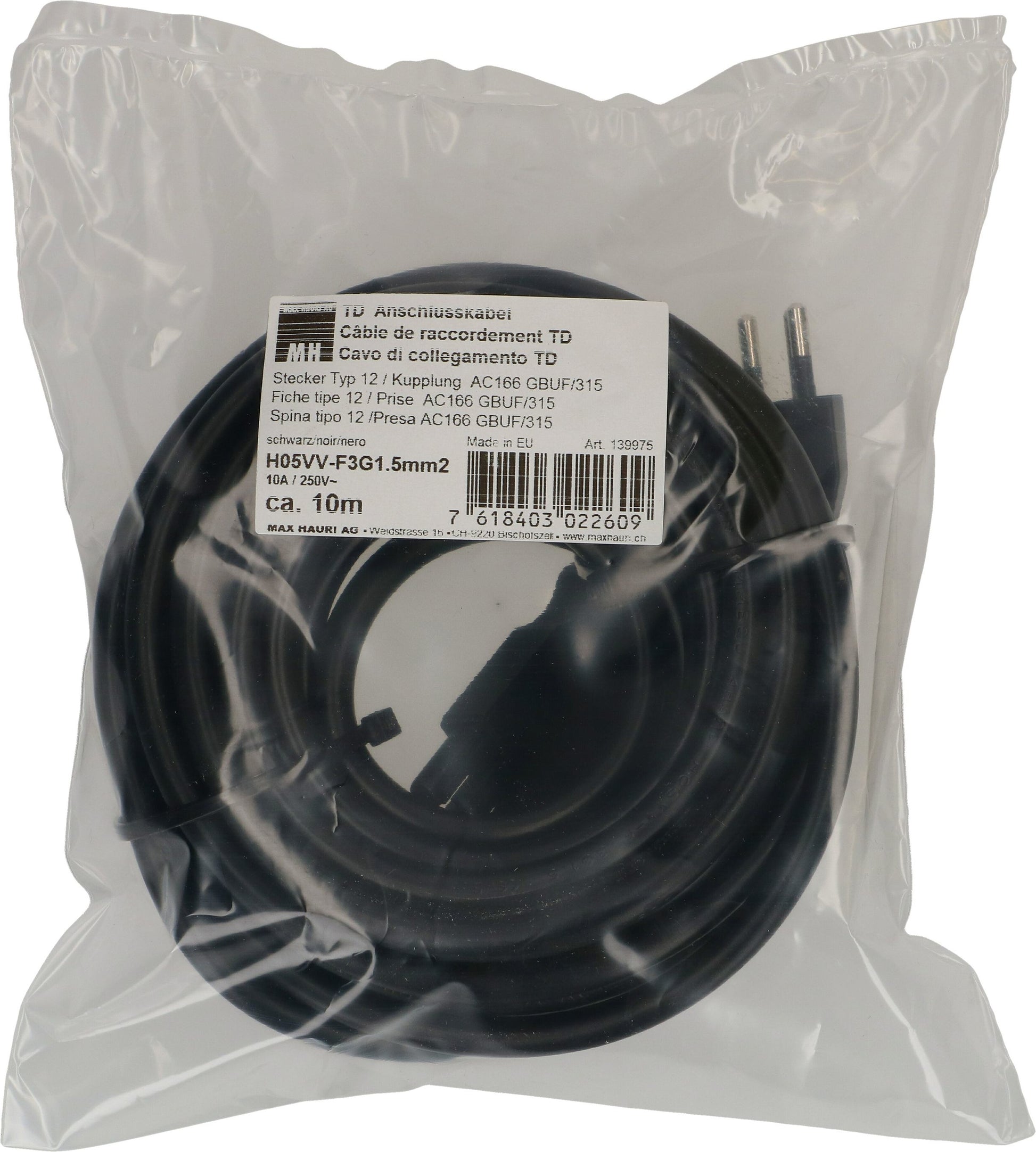 Max Hauri AG Netzkabel, T12 auf GST18I3, montiert, 10 m, Schwarz, 139975