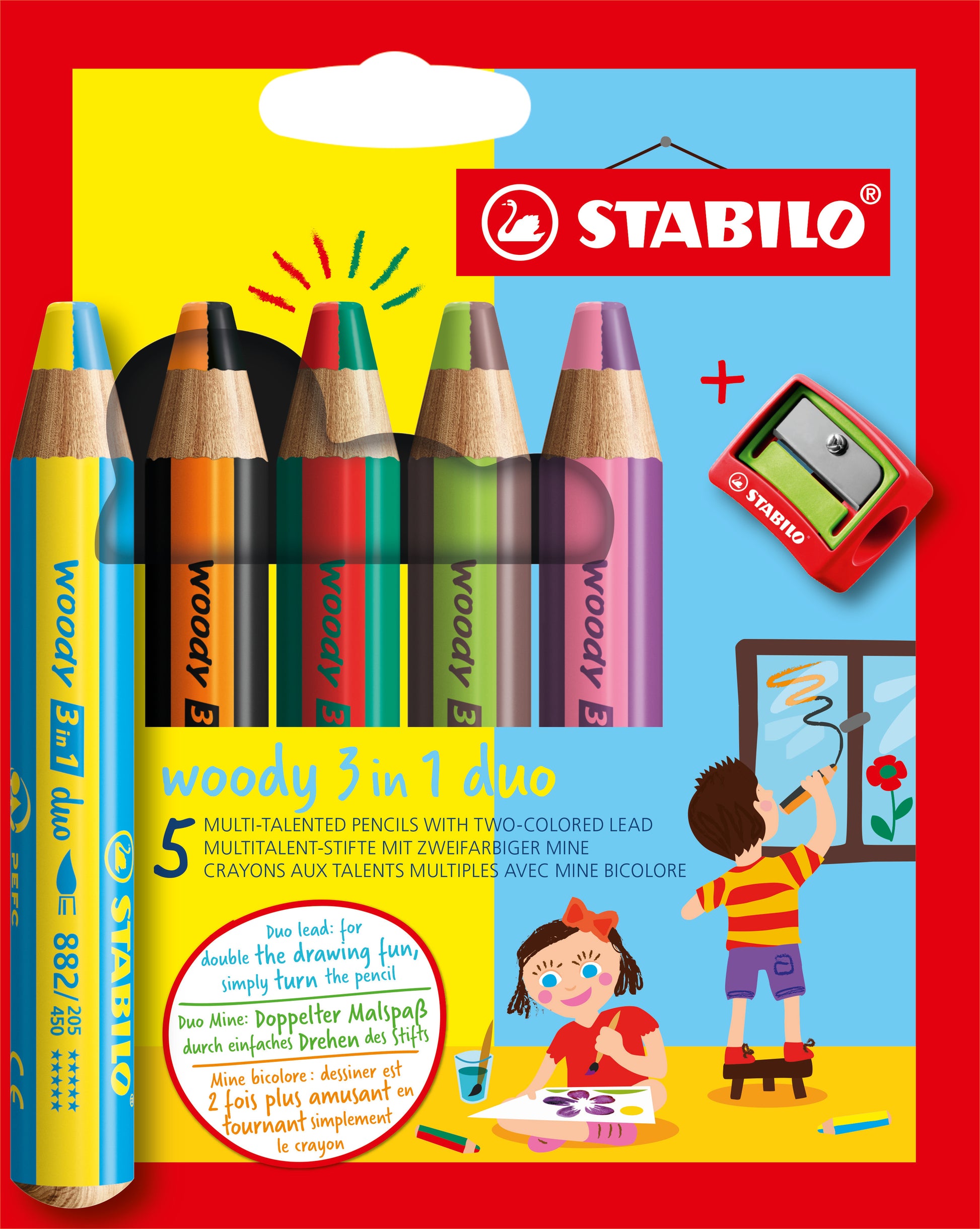 STABILO 3-in-1 Farbstifte woody – 5 Duo-Farben, mit Spitzer, Ø 4,2 mm, PEFC