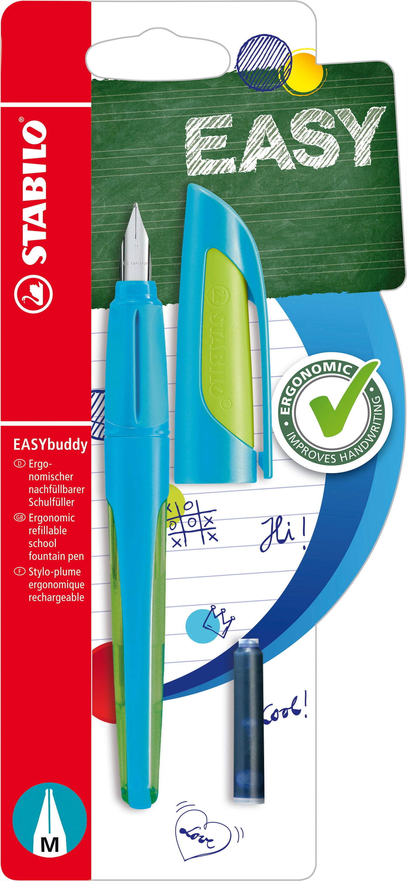 STABILO EASYbuddy – Federspitze M – für Rechts- & Linkshänder – Hellblau/Limette, Blau – Patronen