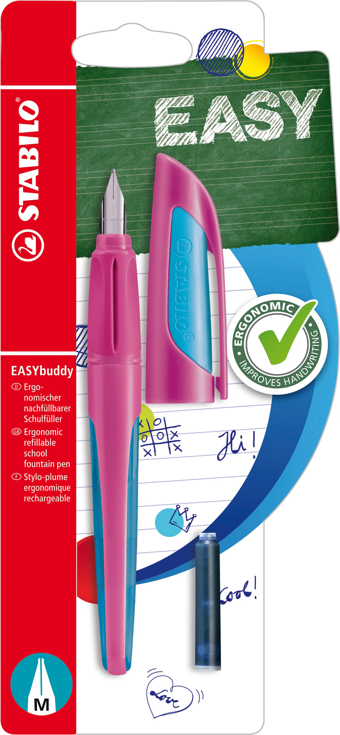 STABILO EASYbuddy – Mittlere Feder – für Rechts- & Linkshänder – Pink/Blau – Patronen