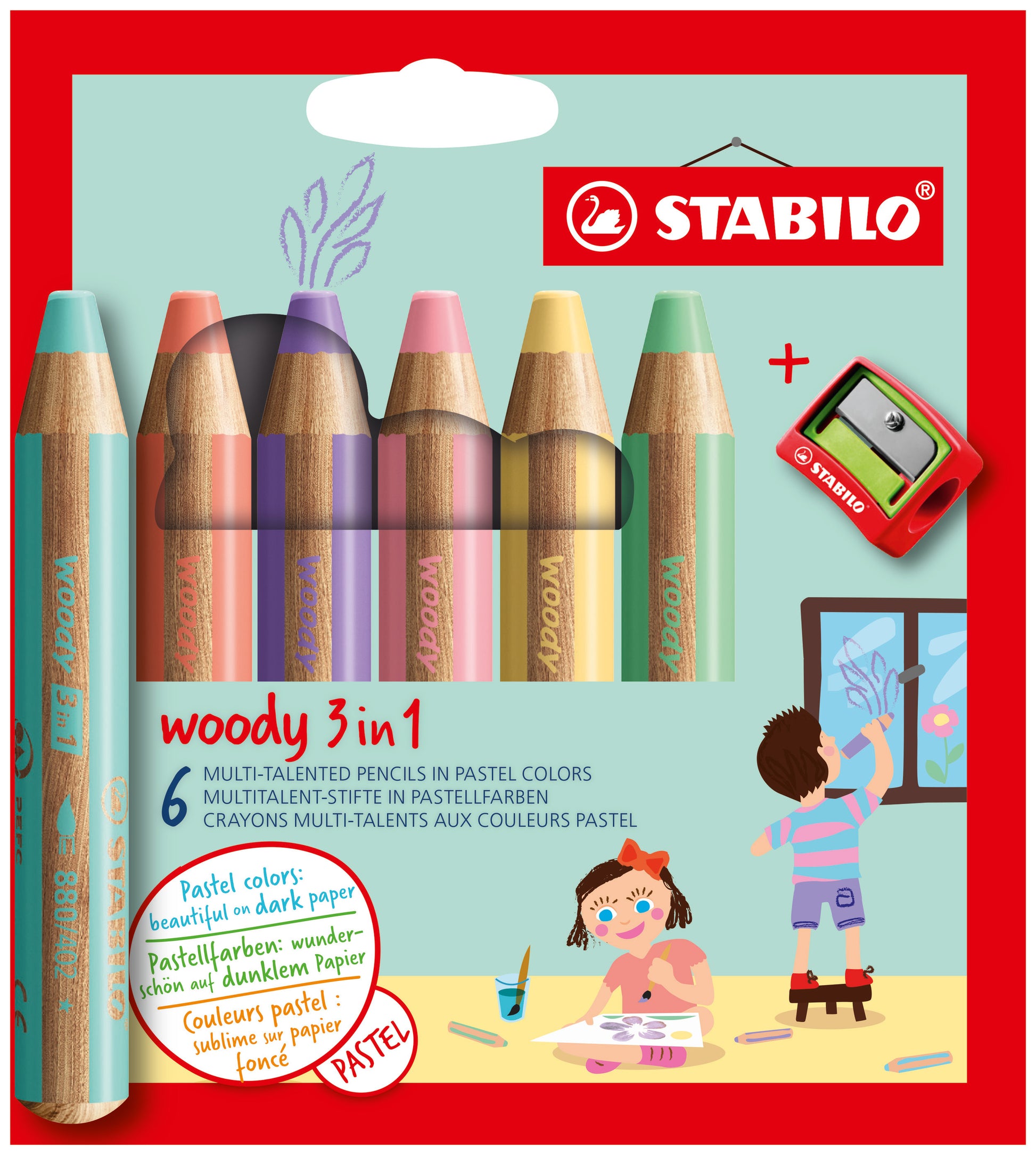 STABILO 3-in-1 Farbstifte woody – 6 Pastellfarben, im Kartonetui, mit Spitzer, Ø 4,2 mm, PEFC