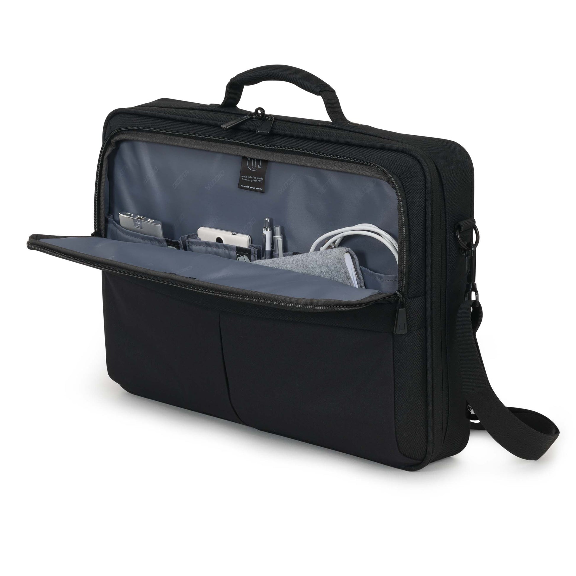 DICOTA Eco Multi SCALE Notebook-Tasche bis 17,3" – aus recyceltem PET, Trolley-Band – Schwarz
