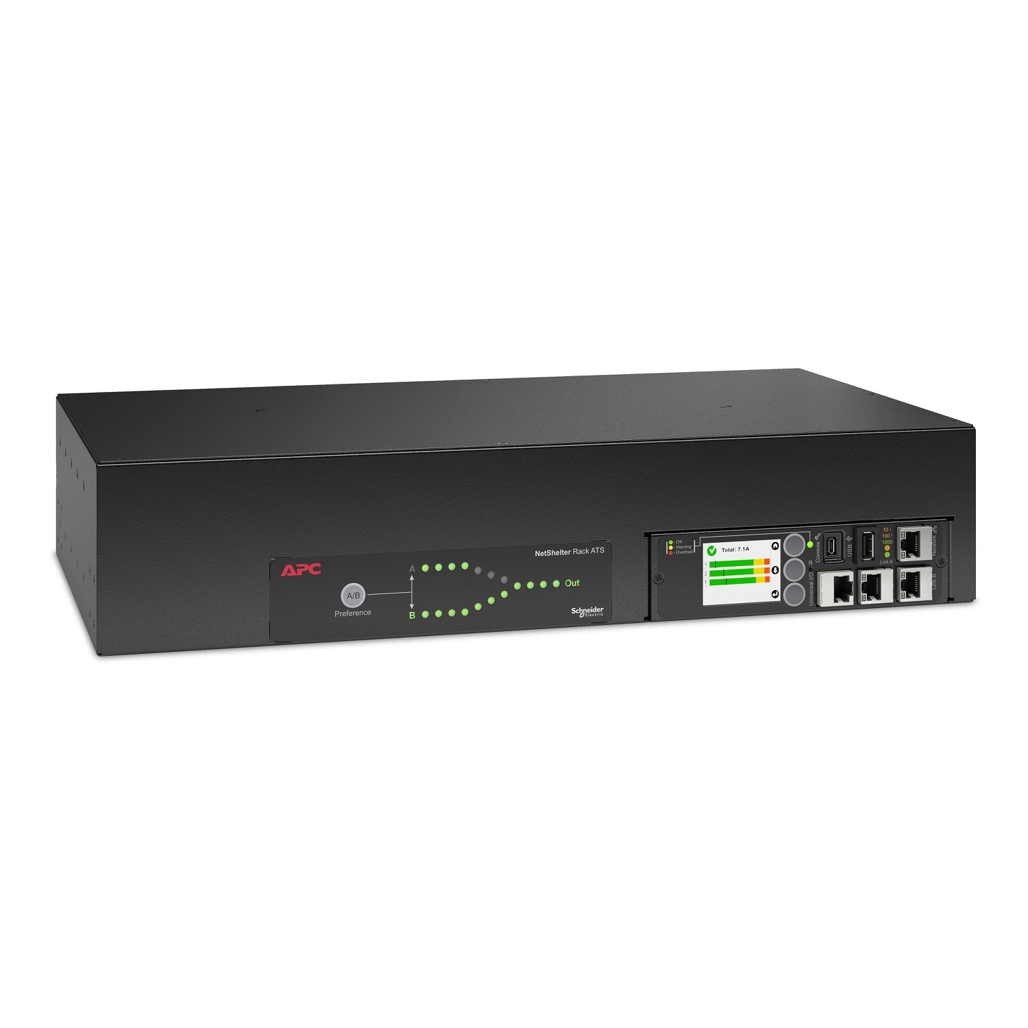 APC Rack-ATS – 207–253 V, 32 A, 2× IEC 309 IN, 16× C13 + 2× C19 OUT, 2U – Schwarz