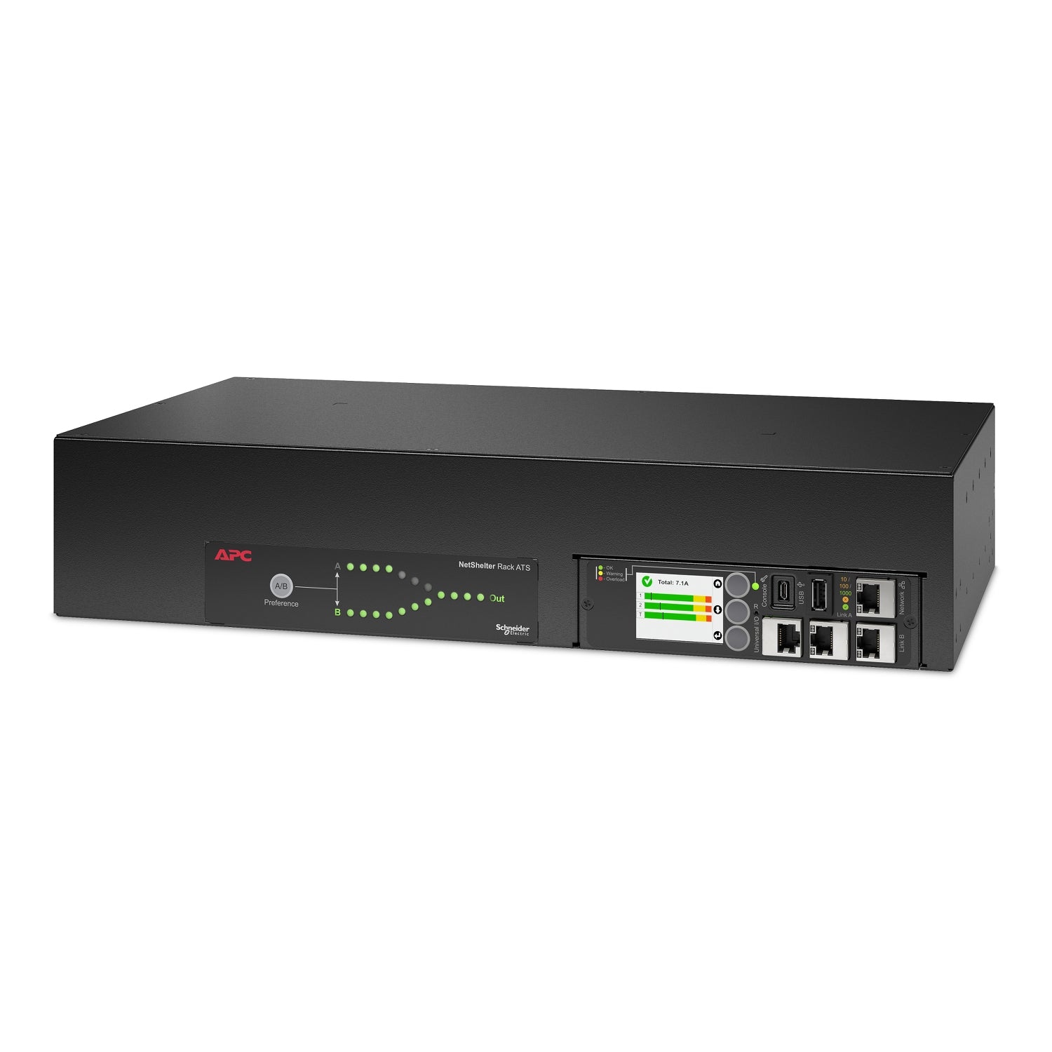 APC Rack-ATS – 207–253 V, 32 A, 2× IEC 309 IN, 16× C13 + 2× C19 OUT, 2U – Schwarz