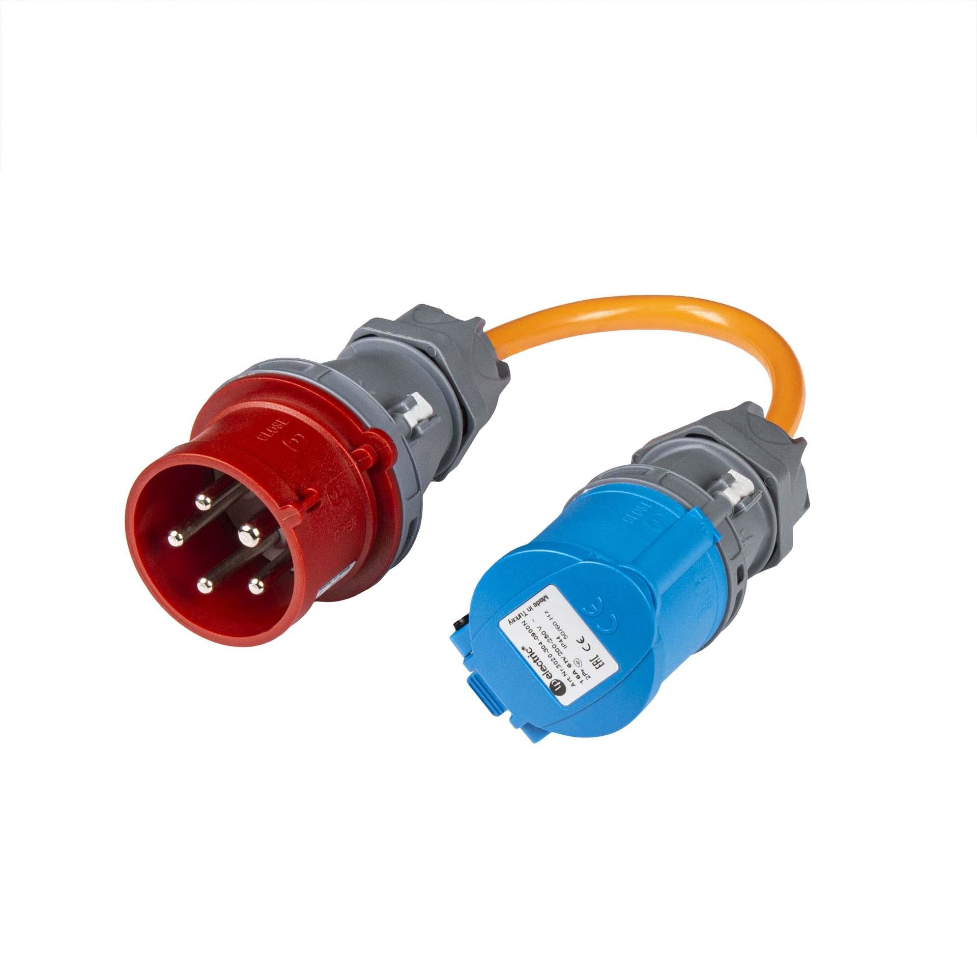 Normrahmen Adapterkabel, CEE 16-5 zu CEE 16-3, 0,2 m, 1,5 mm² – orange