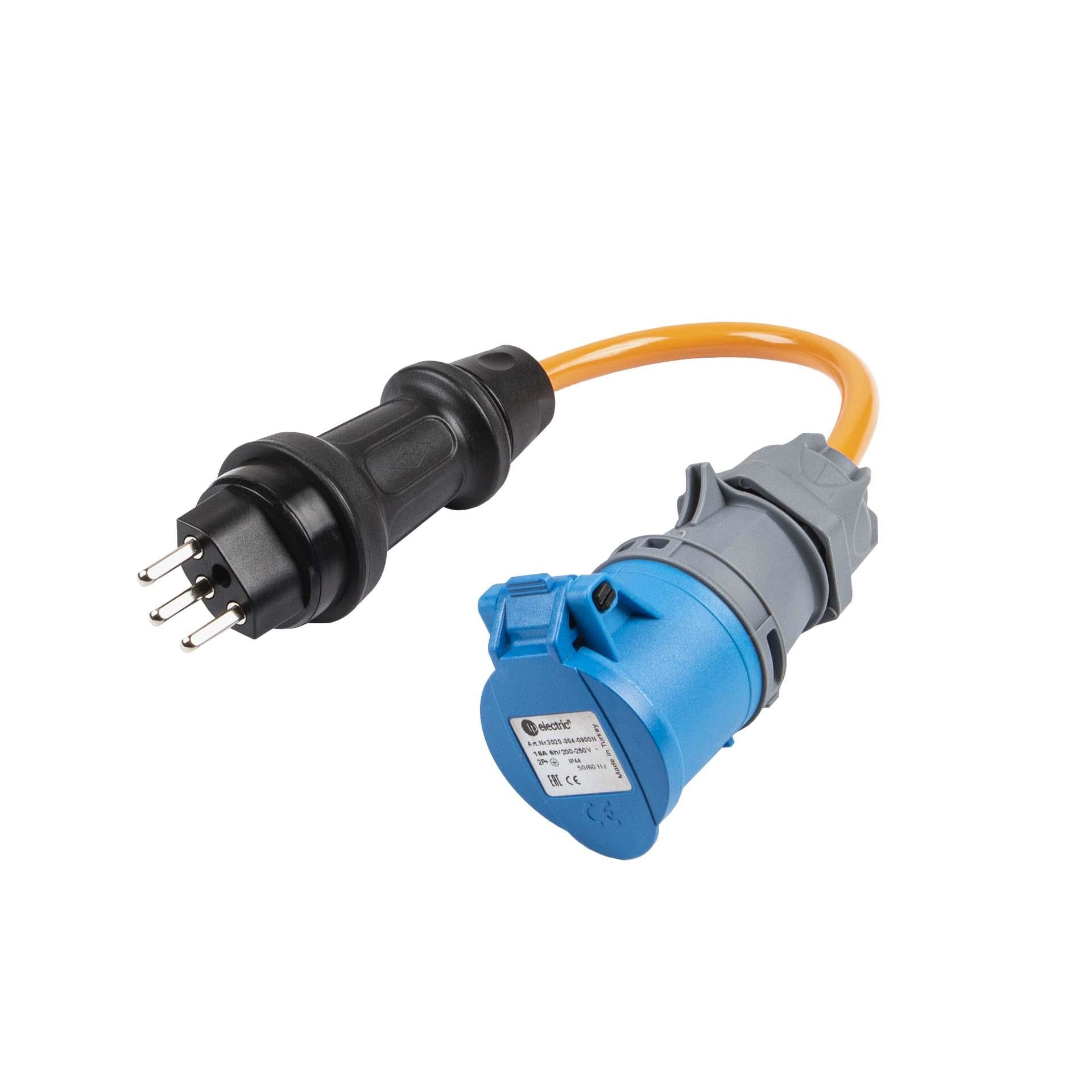 Normrahmen Adapterkabel T23–CEE 16-3, 0,2 m, 1,5 mm² – Blau