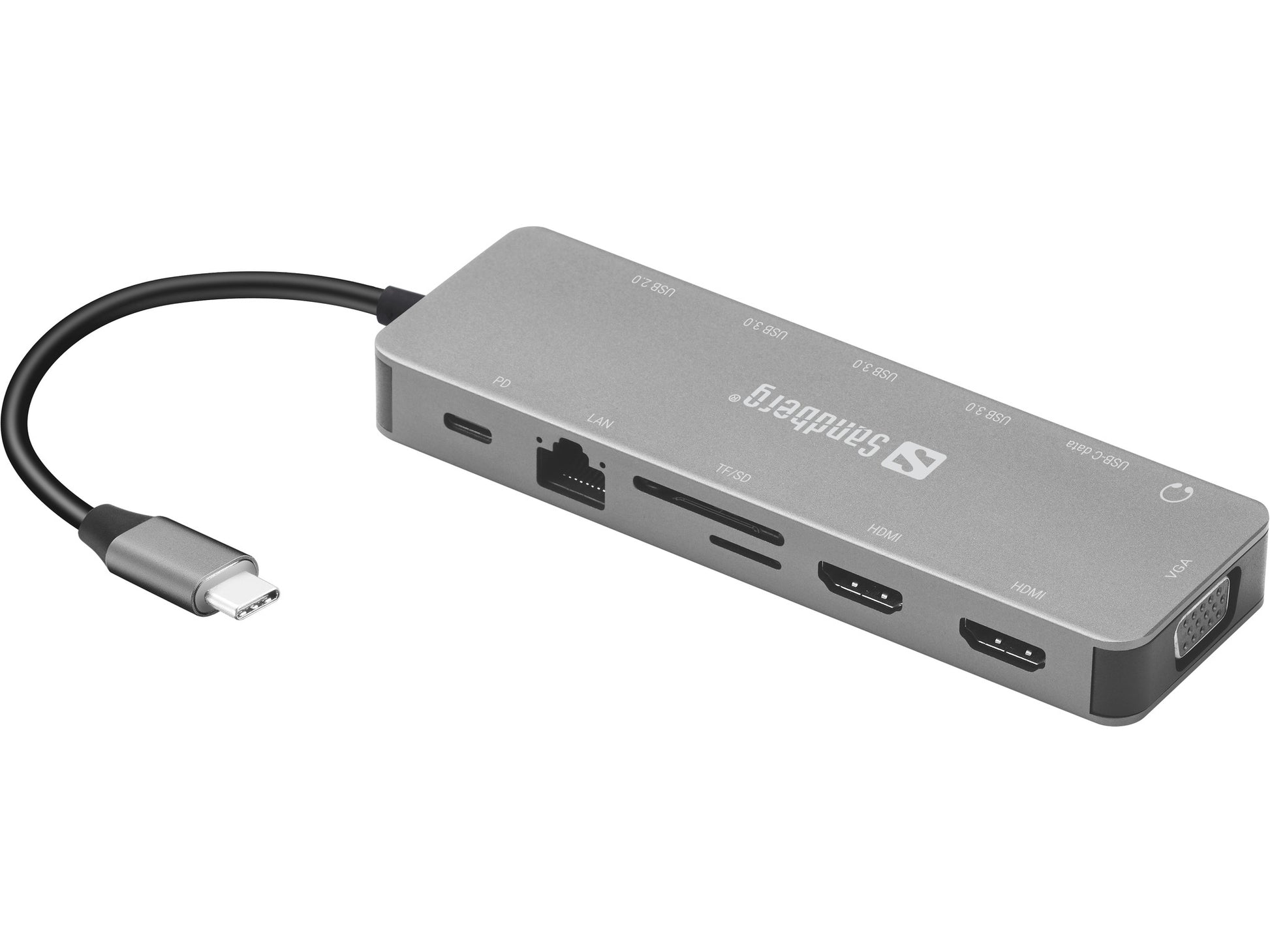 Sandberg Multiport-Adapter – USB-C, 2× HDMI, 1× VGA, 4× USB-A, 100 W PD, GbE, für Windows/Mac