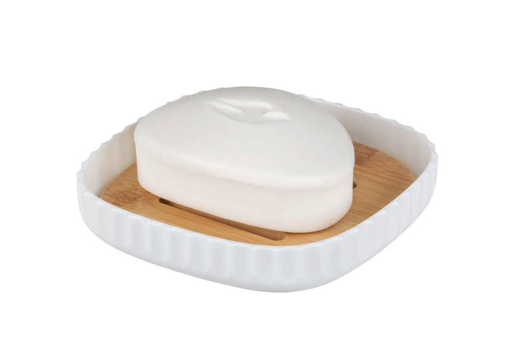 WENKO Seifenschale – Bambus/Kunststoff, 10,6×10,6×2,1 cm, Weiss/Holz