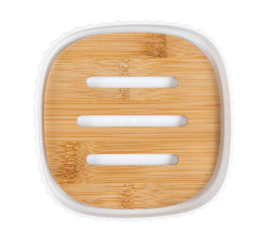 WENKO Seifenschale – Bambus/Kunststoff, 10,6×10,6×2,1 cm, Weiss/Holz