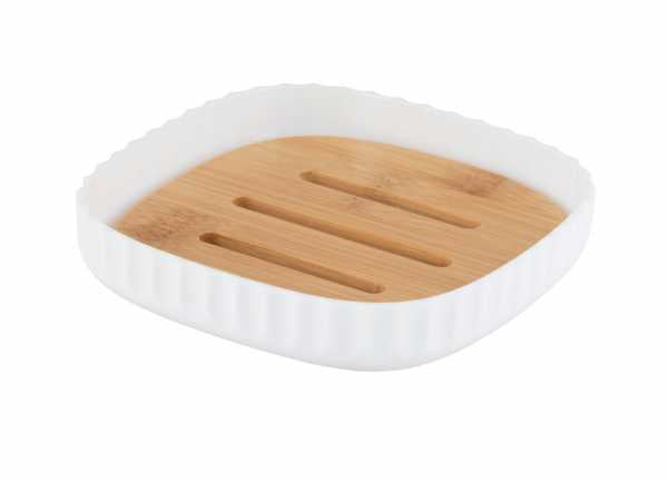 WENKO Seifenschale – Bambus/Kunststoff, 10,6×10,6×2,1 cm, Weiss/Holz