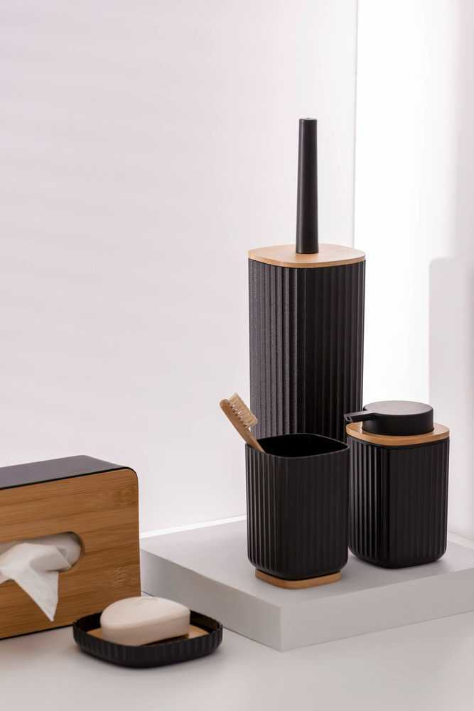 WENKO WC-Bürstenset – Kunststoff, Bambus, schwarz, Kopf austauschbar, H 36 cm, Ø 10 cm