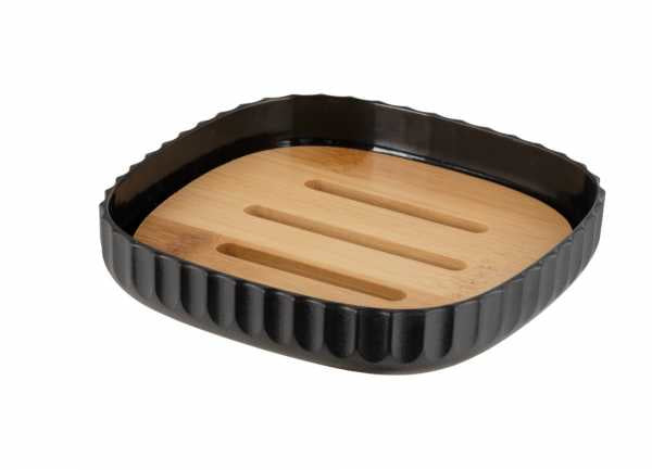 WENKO Seifenschale Rotello – Bambus/Kunststoff, 10,6×10,6×2,1 cm, Schwarz