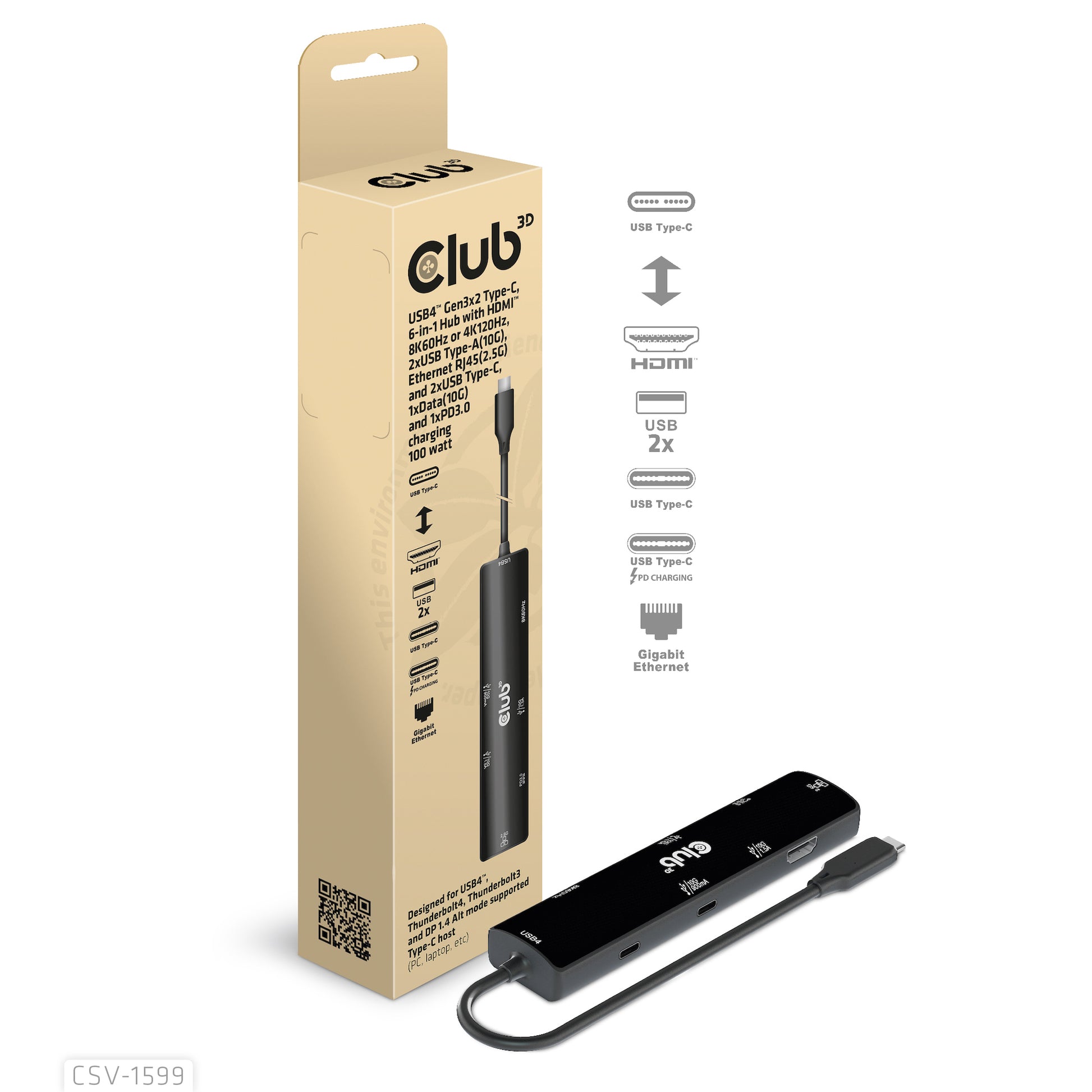 CLUB3D Club 3D Dockingstation – USB-C, 1× HDMI, 2× USB-A, 2× USB-C, 100 W PD, GbE