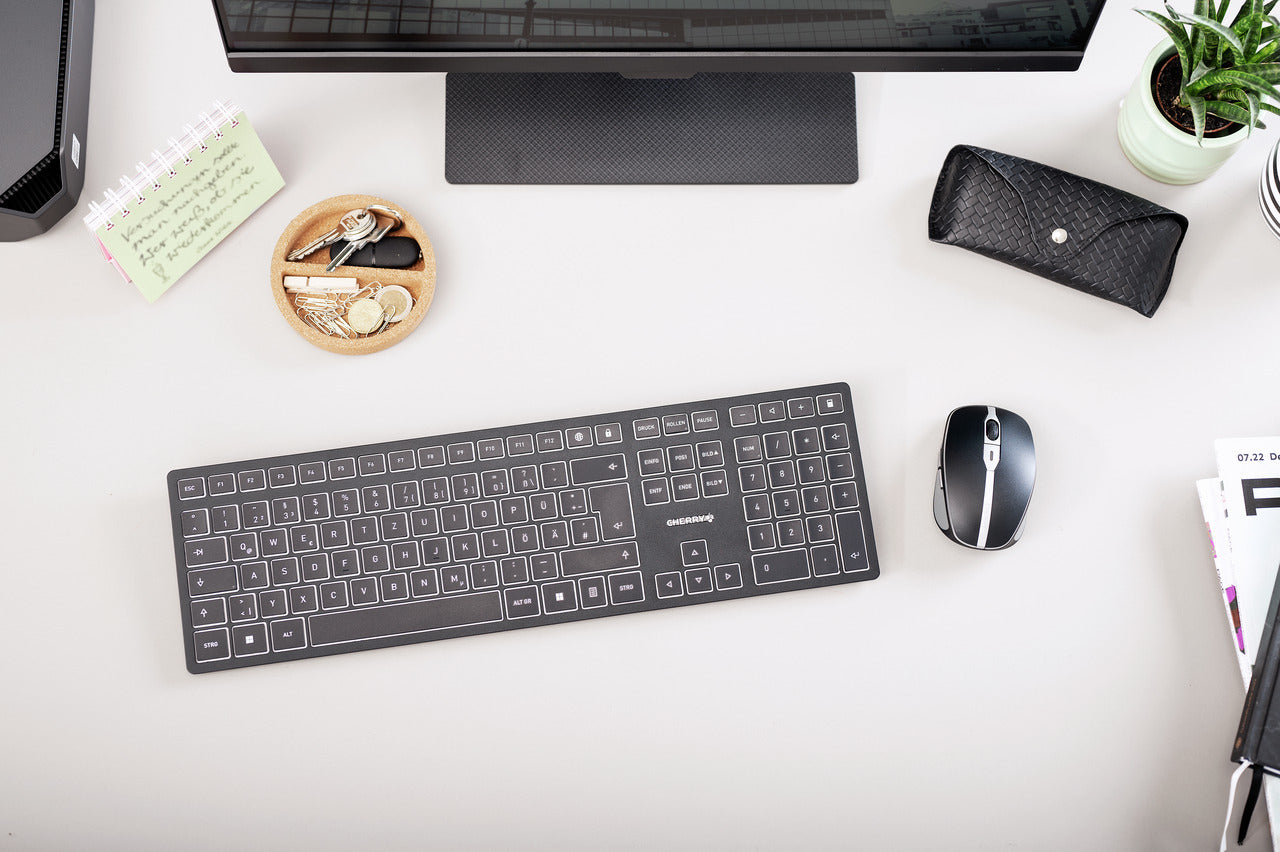 CHERRY KW 9100 SLIM – Tastatur, kabellos (Bluetooth/2,4 GHz), US-Layout (EN), Fullsize (mit Ziffernblock)