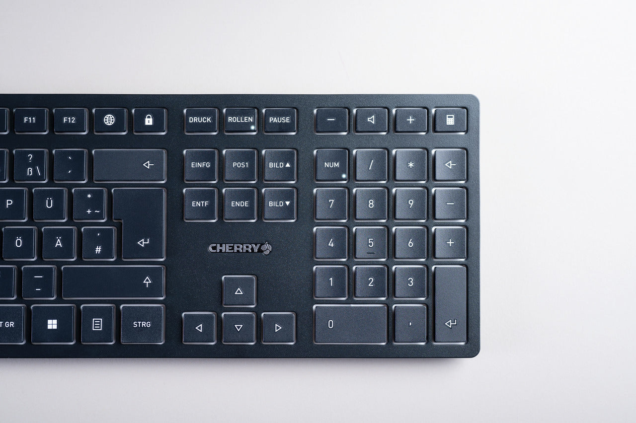CHERRY KW 9100 SLIM – Tastatur, kabellos (Bluetooth/2,4 GHz), US-Layout (EN), Fullsize (mit Ziffernblock)