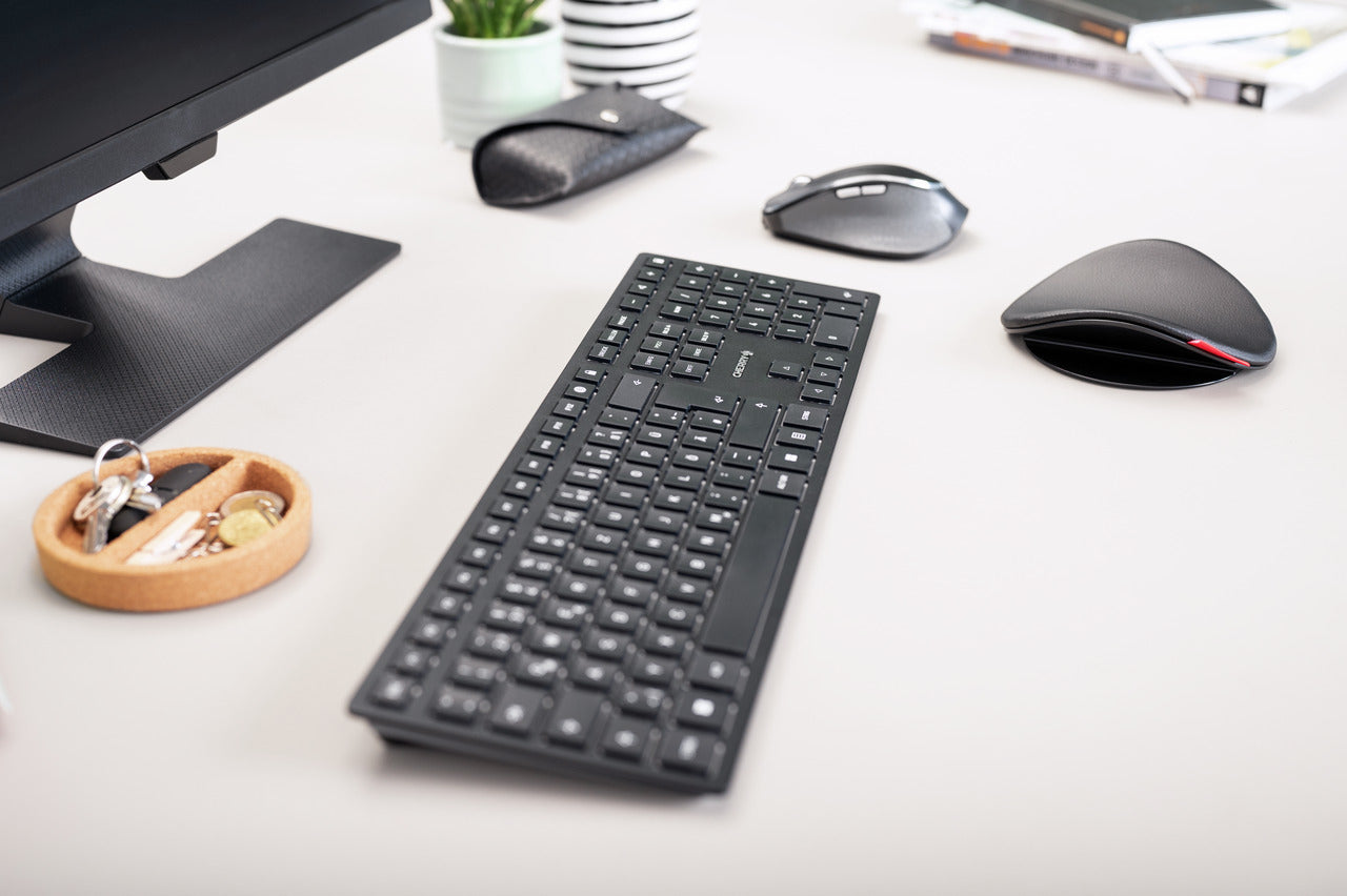 CHERRY KW 9100 SLIM – Tastatur, kabellos (Bluetooth/2,4 GHz), US-Layout (EN), Fullsize (mit Ziffernblock)