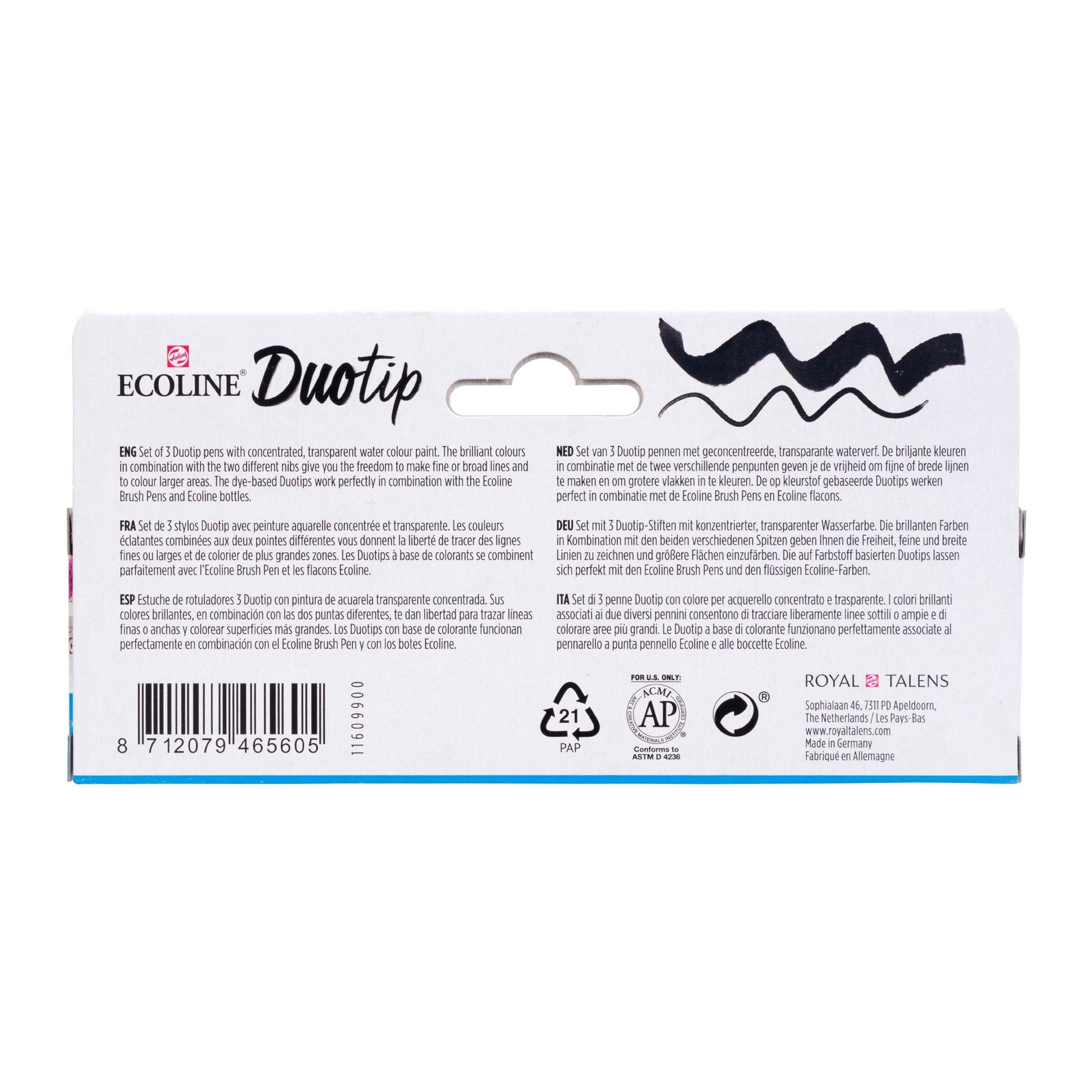 Ecoline Talens Ecoline Brush Pen Duotip – Keilspitze 6 mm, Rundspitze 1-2 mm – sortiert – 3er-Set – wasservermalbar