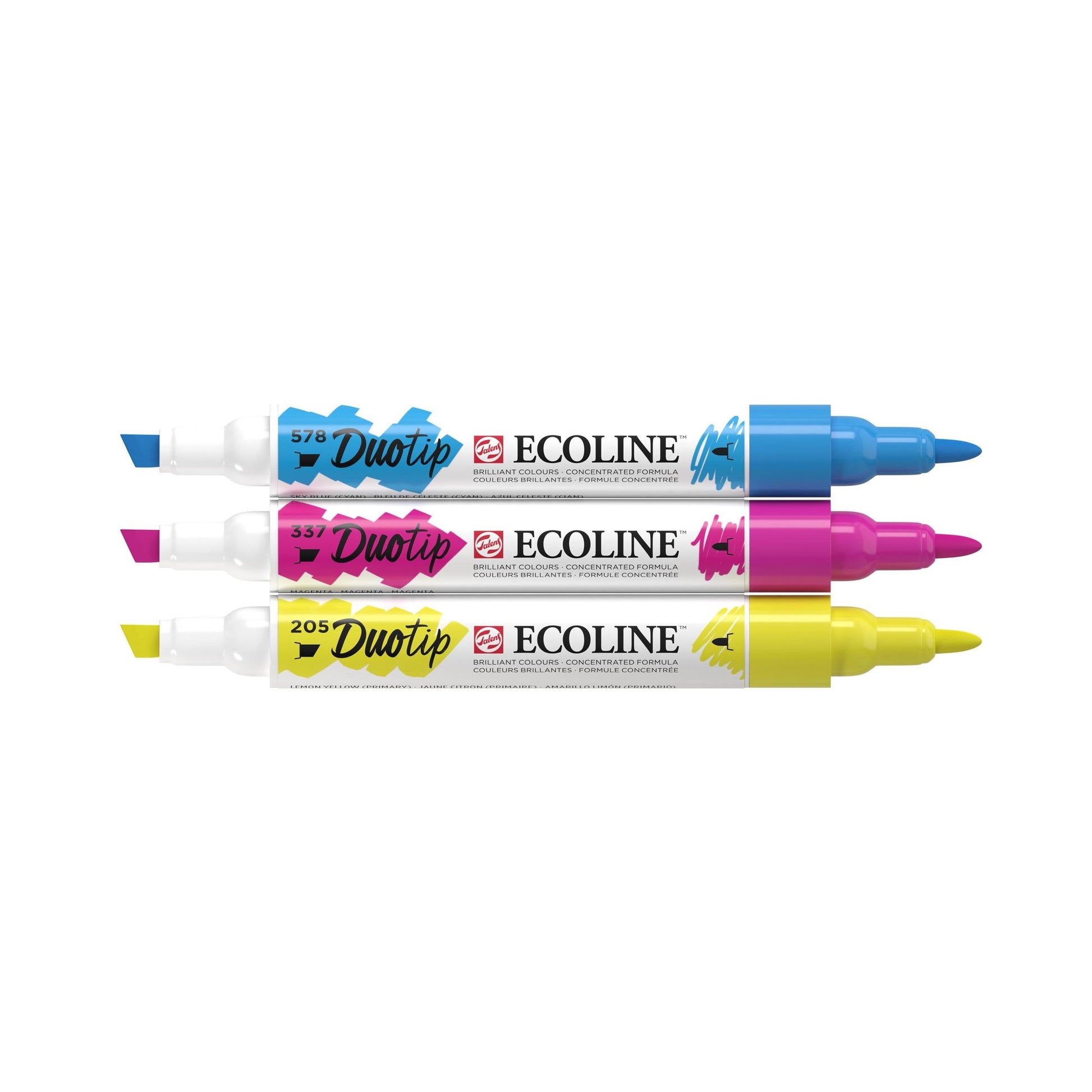 Ecoline Talens Ecoline Brush Pen Duotip – Keilspitze 6 mm, Rundspitze 1-2 mm – sortiert – 3er-Set – wasservermalbar