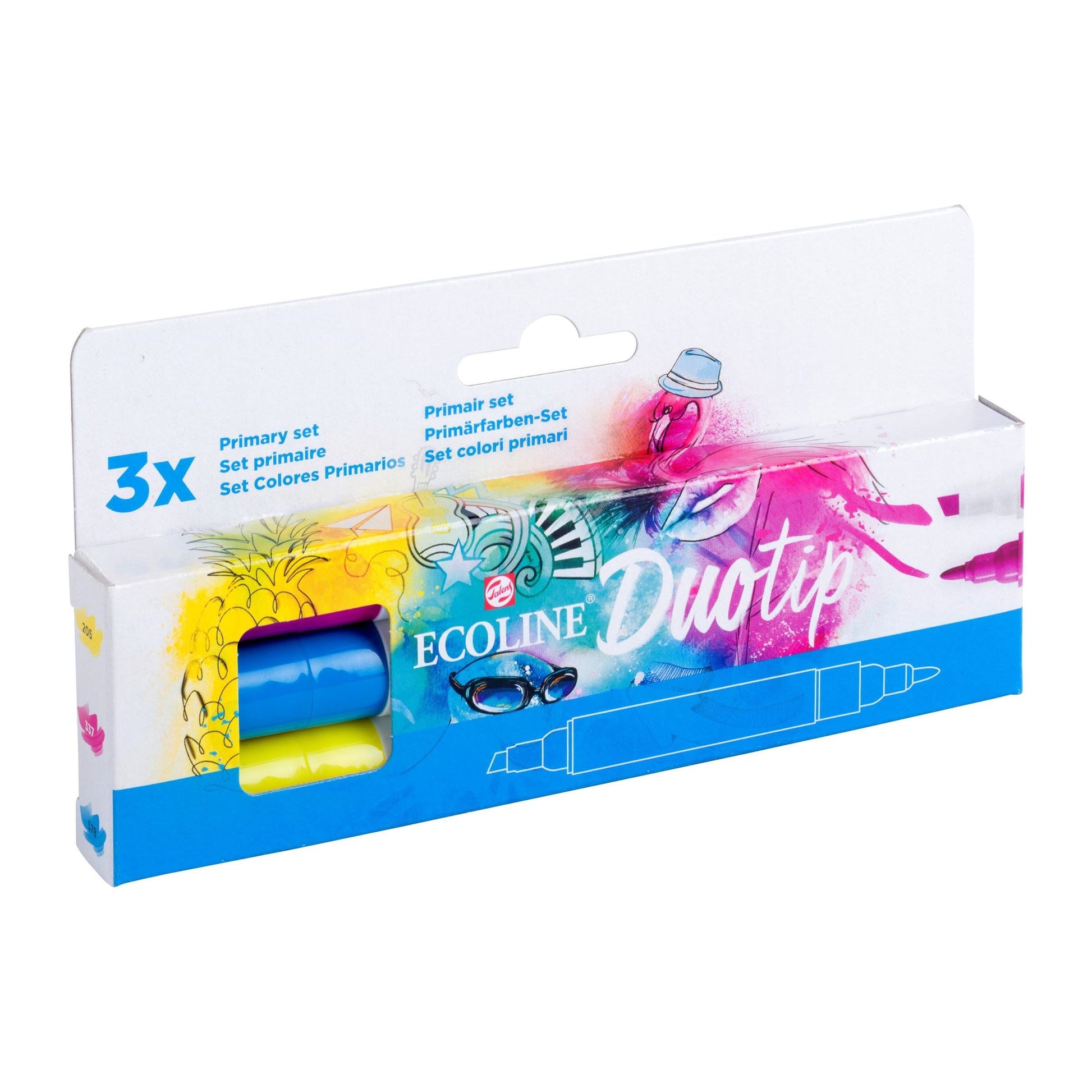 Ecoline Talens Ecoline Brush Pen Duotip – Keilspitze 6 mm, Rundspitze 1-2 mm – sortiert – 3er-Set – wasservermalbar