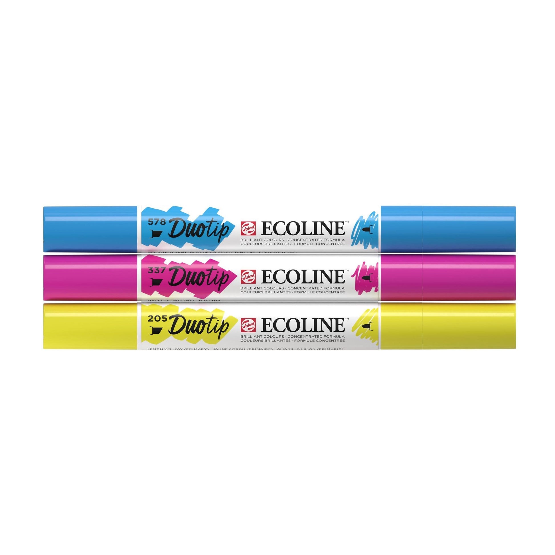 Ecoline Talens Ecoline Brush Pen Duotip – Keilspitze 6 mm, Rundspitze 1-2 mm – sortiert – 3er-Set – wasservermalbar