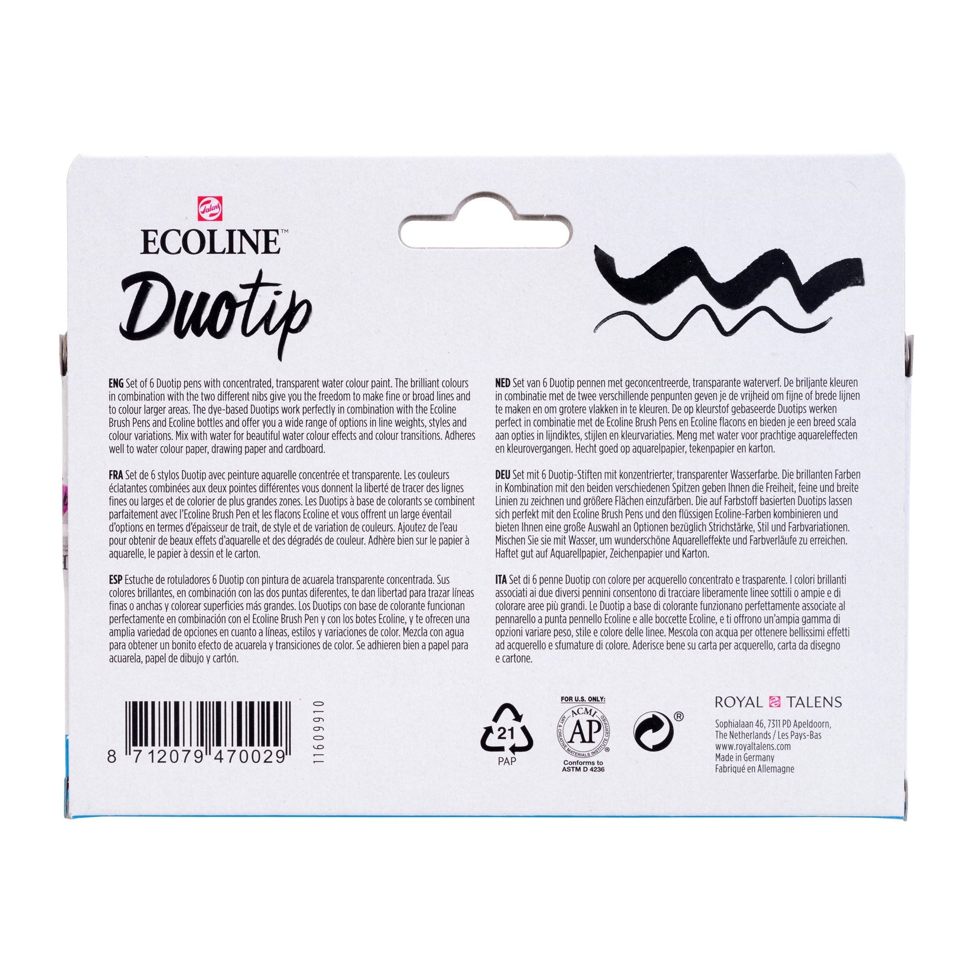 Ecoline Non-Permanent-Marker Duotip – Keilspitze 6 mm, Rundspitze 1-2 mm – sortiert – 6er-Set – wasservermalbar
