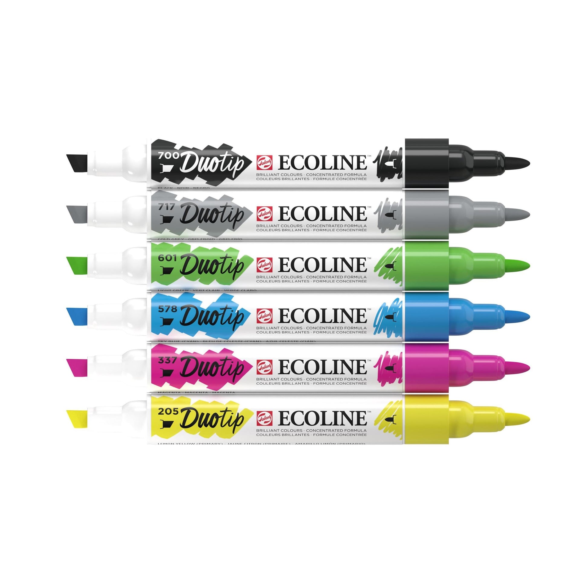 Ecoline Non-Permanent-Marker Duotip – Keilspitze 6 mm, Rundspitze 1-2 mm – sortiert – 6er-Set – wasservermalbar