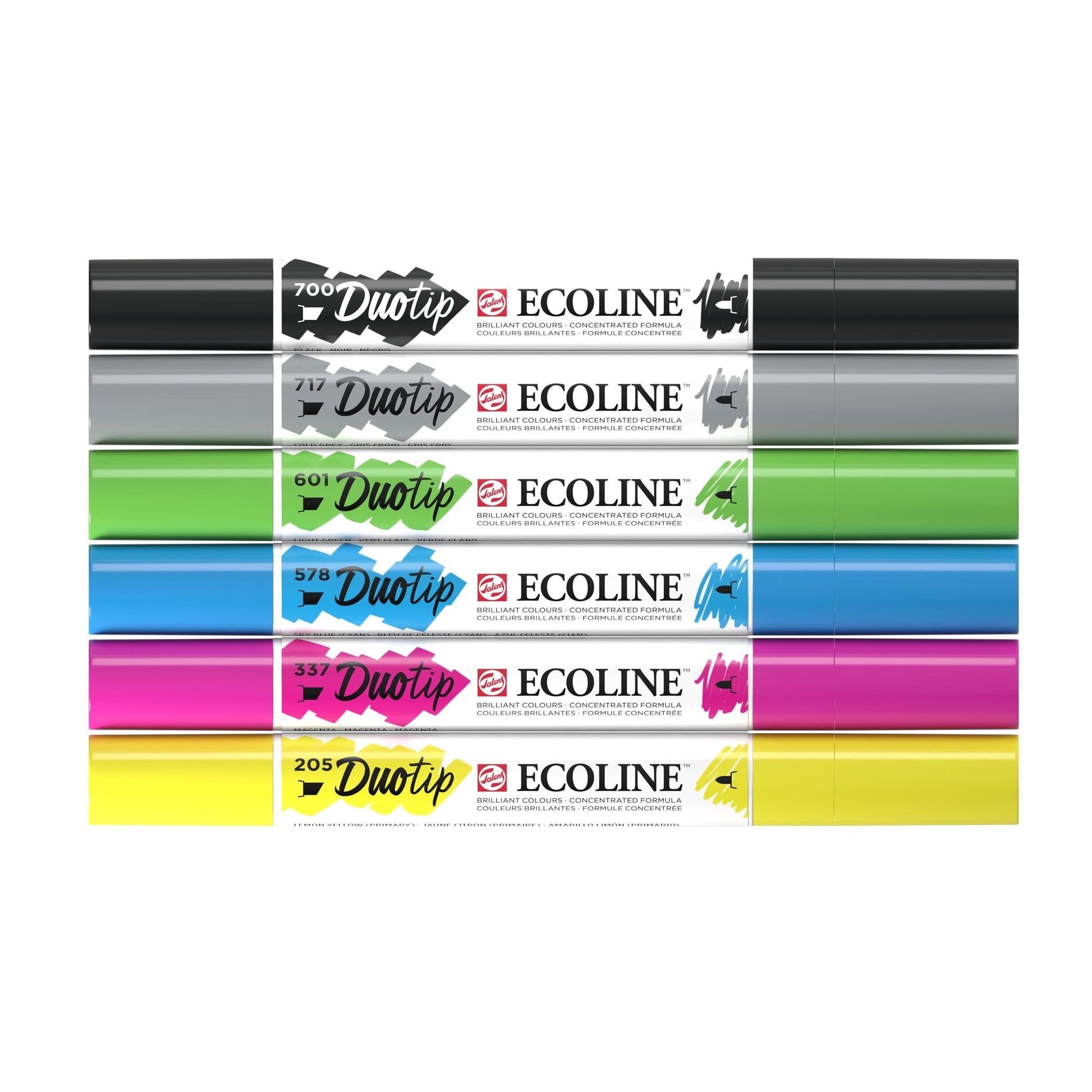 Ecoline Non-Permanent-Marker Duotip – Keilspitze 6 mm, Rundspitze 1-2 mm – sortiert – 6er-Set – wasservermalbar