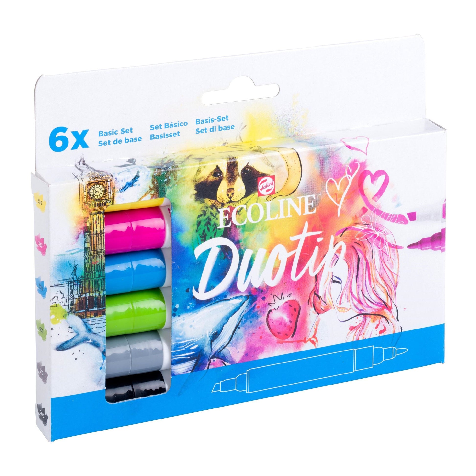 Ecoline Non-Permanent-Marker Duotip – Keilspitze 6 mm, Rundspitze 1-2 mm – sortiert – 6er-Set – wasservermalbar