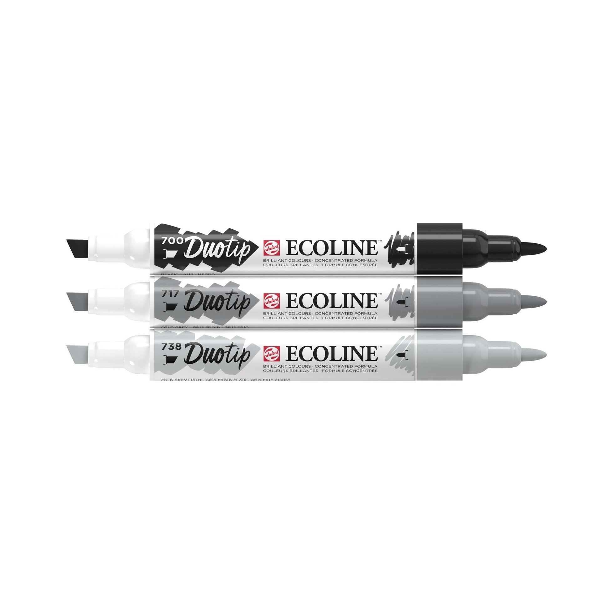 Ecoline Brush Pen Duotip – Keilspitze 6 mm, Rundspitze 1-2 mm – sortiert – 3er-Set – wasservermalbar
