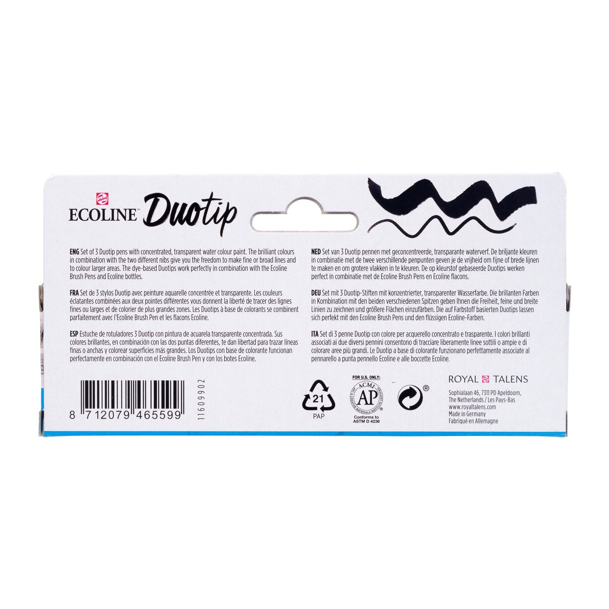 Ecoline Brush Pen Duotip – Keilspitze 6 mm, Rundspitze 1-2 mm – sortiert – 3er-Set – wasservermalbar