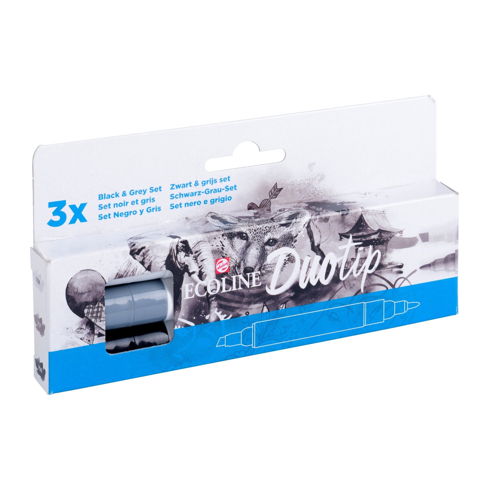 Ecoline Brush Pen Duotip – Keilspitze 6 mm, Rundspitze 1-2 mm – sortiert – 3er-Set – wasservermalbar
