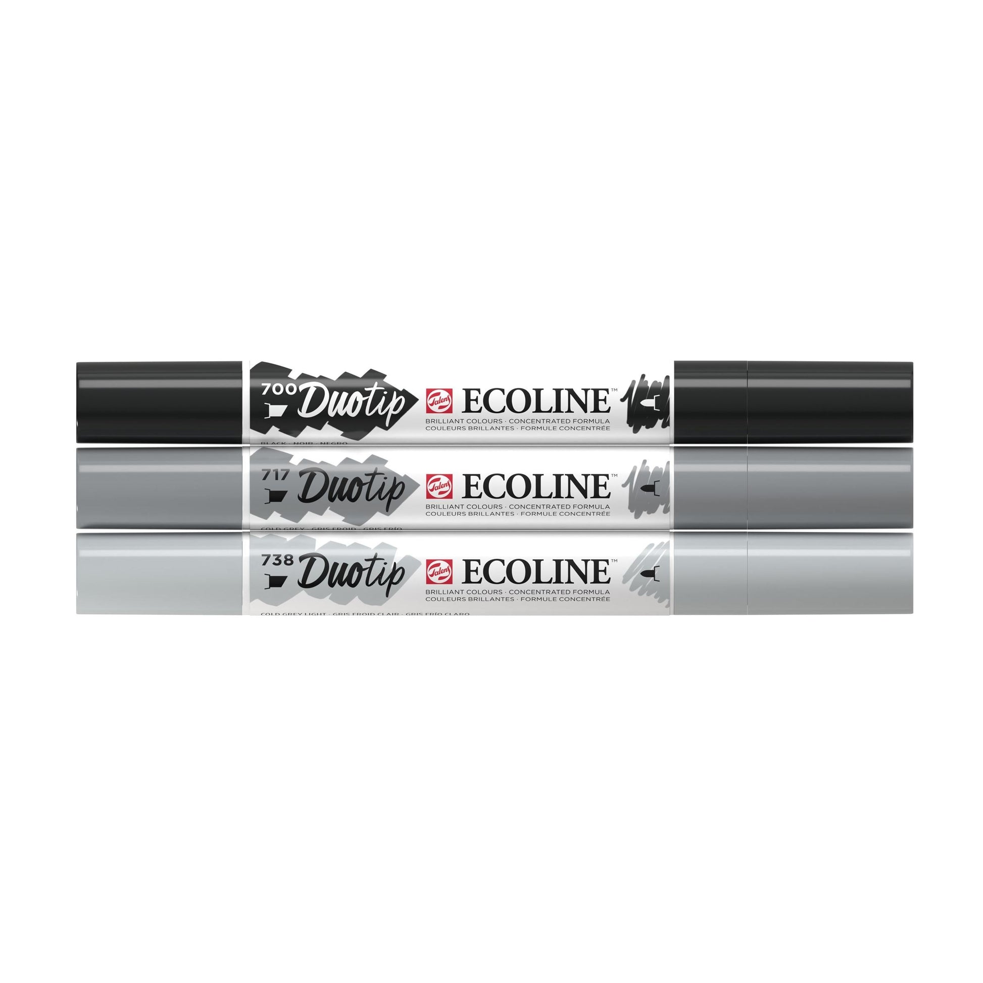 Ecoline Brush Pen Duotip – Keilspitze 6 mm, Rundspitze 1-2 mm – sortiert – 3er-Set – wasservermalbar