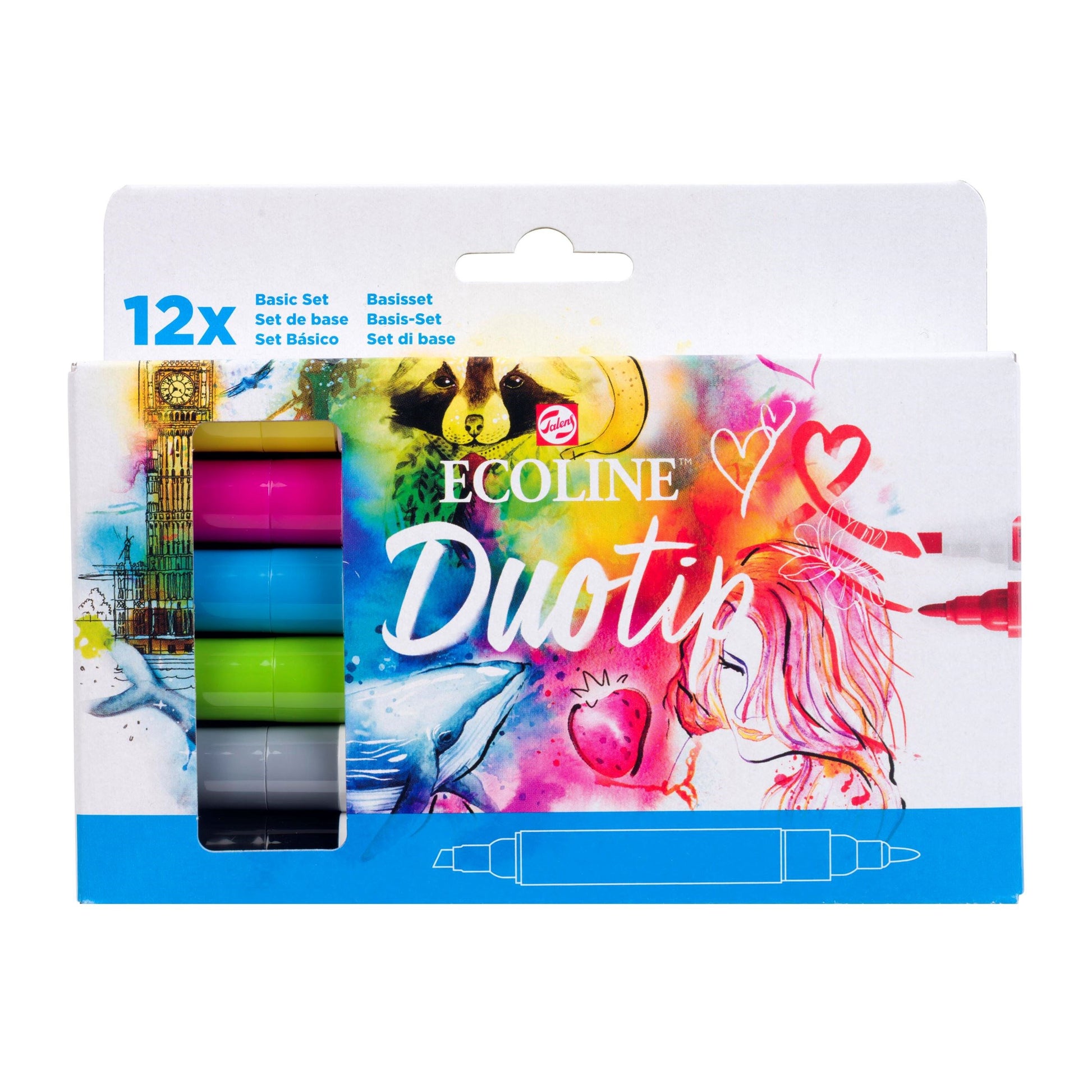 Ecoline Brush Pen Duotip – Keilspitze 6 mm, Rundspitze 1-2 mm – sortiert – 12er-Set – wasservermalbar