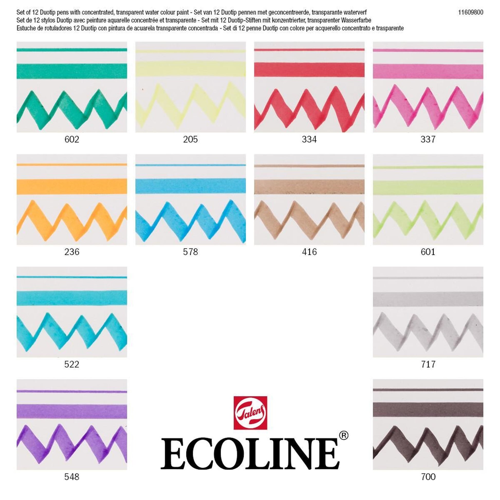 Ecoline Brush Pen Duotip – Keilspitze 6 mm, Rundspitze 1-2 mm – sortiert – 12er-Set – wasservermalbar