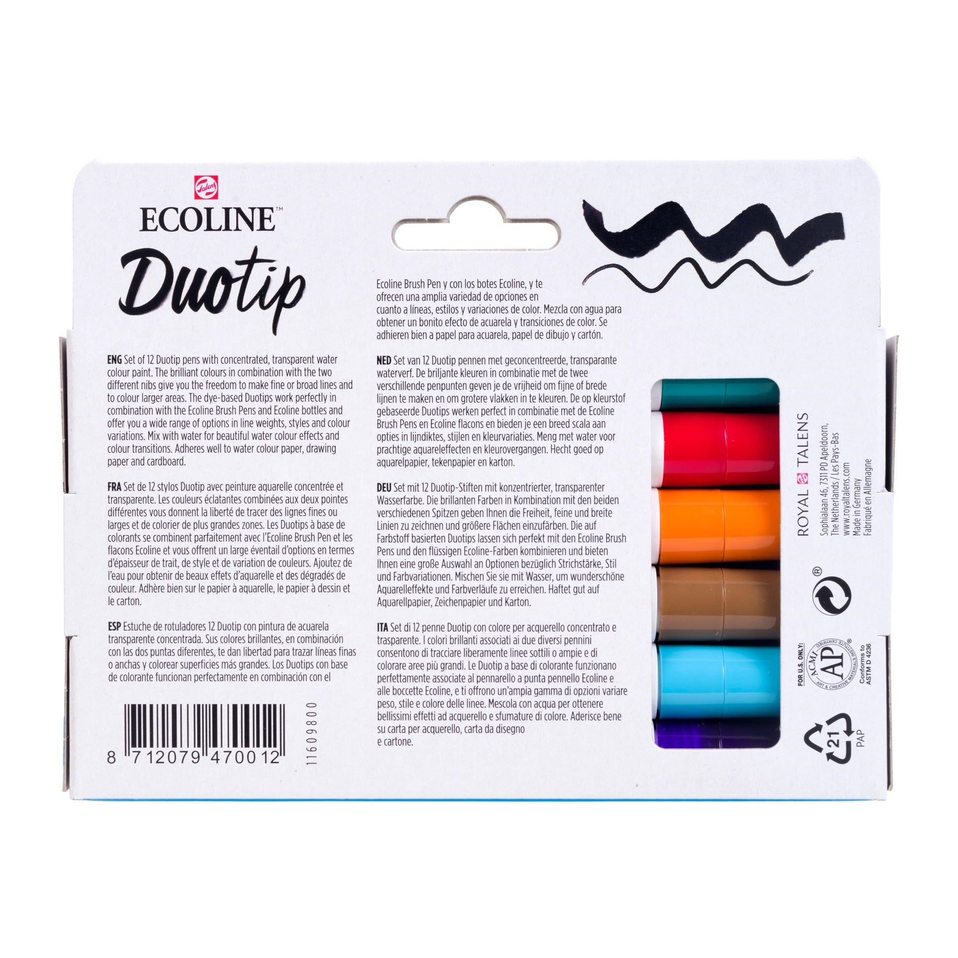 Ecoline Brush Pen Duotip – Keilspitze 6 mm, Rundspitze 1-2 mm – sortiert – 12er-Set – wasservermalbar