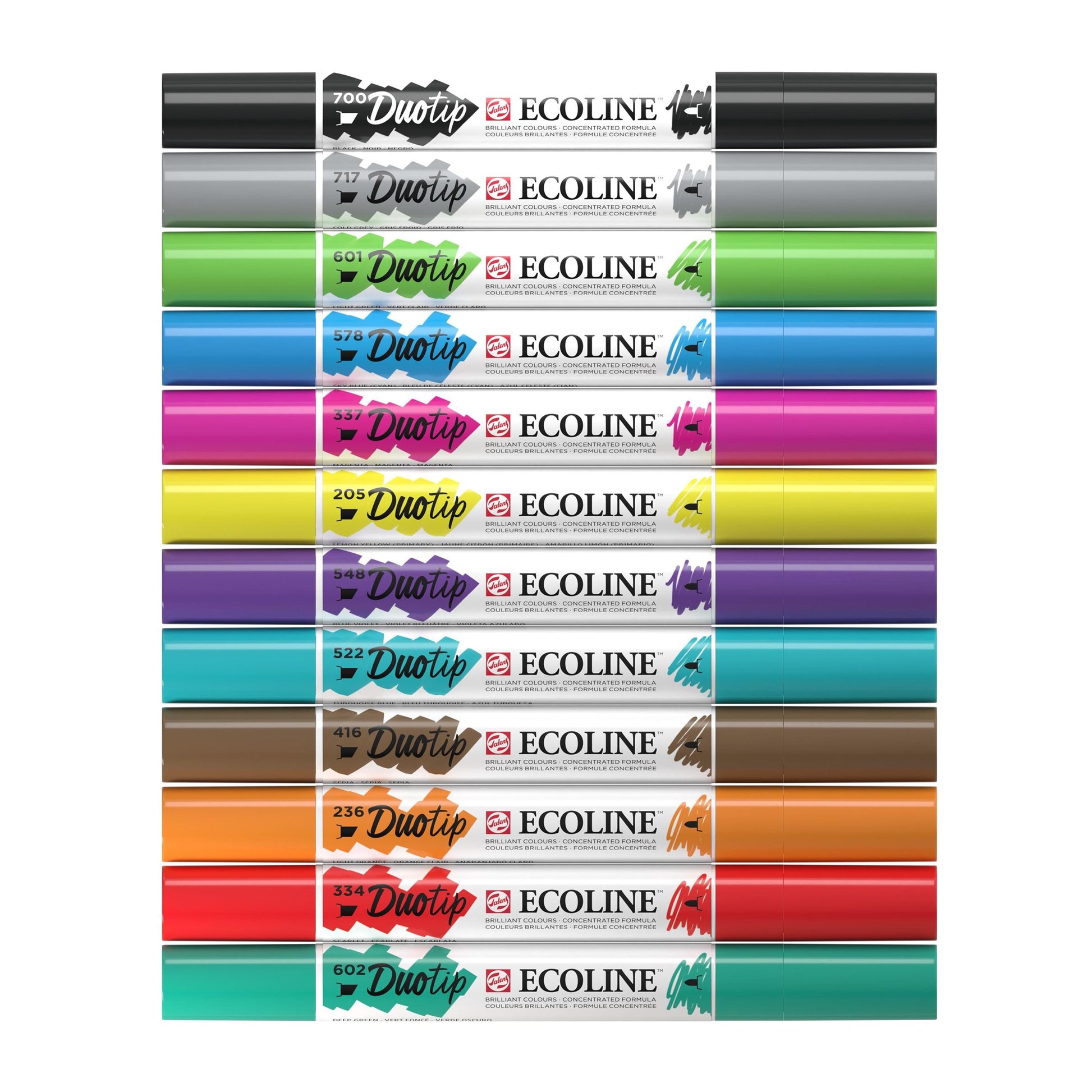 Ecoline Brush Pen Duotip – Keilspitze 6 mm, Rundspitze 1-2 mm – sortiert – 12er-Set – wasservermalbar