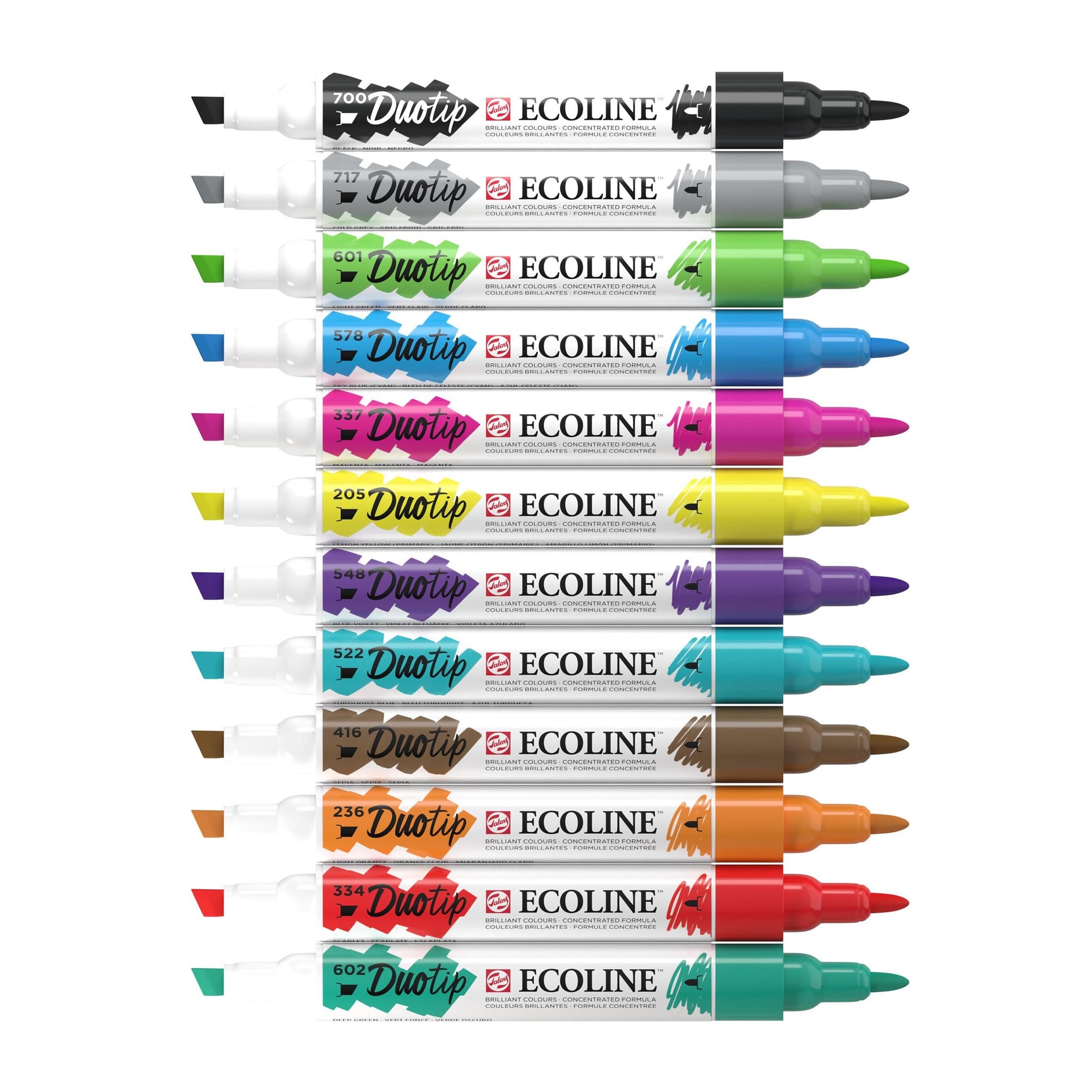 Ecoline Brush Pen Duotip – Keilspitze 6 mm, Rundspitze 1-2 mm – sortiert – 12er-Set – wasservermalbar