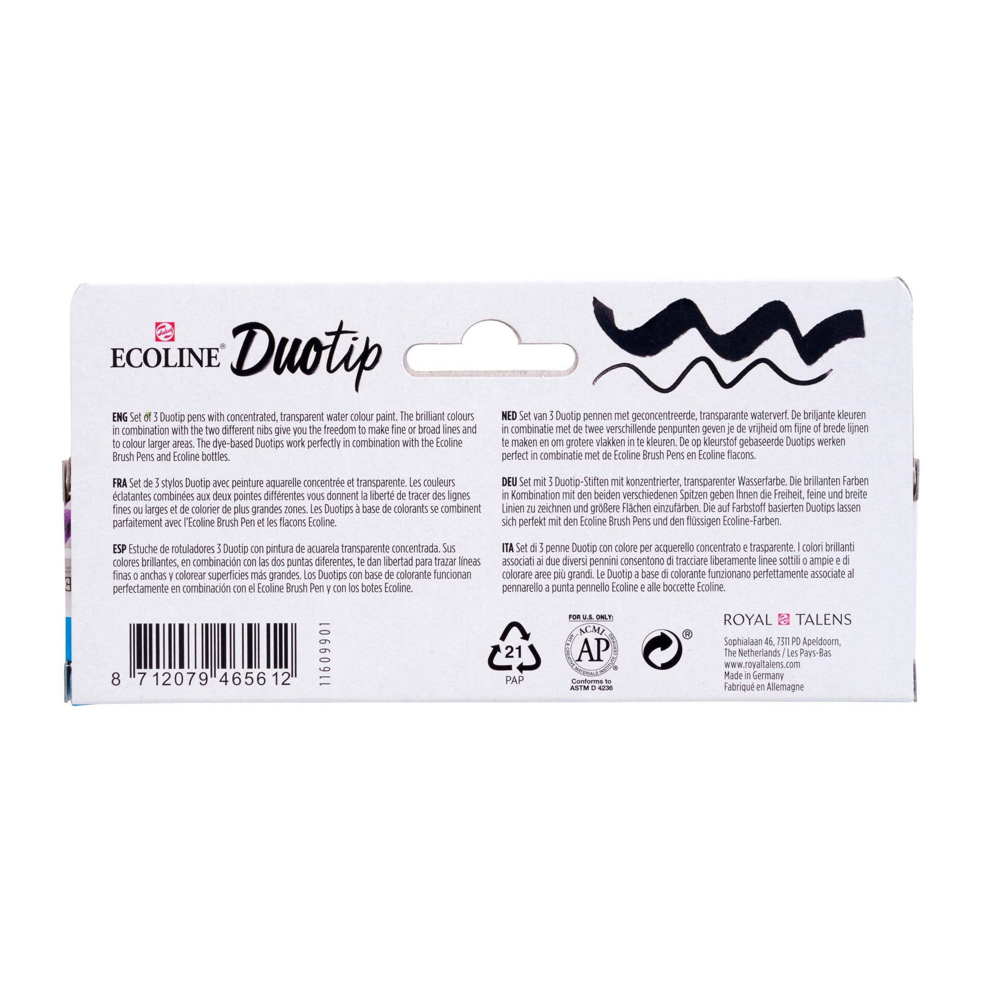 Ecoline Brush Pen Duotip – Keilspitze 6 mm, Rundspitze 1-2 mm – 3er-Set – sortiert – wasservermalbar