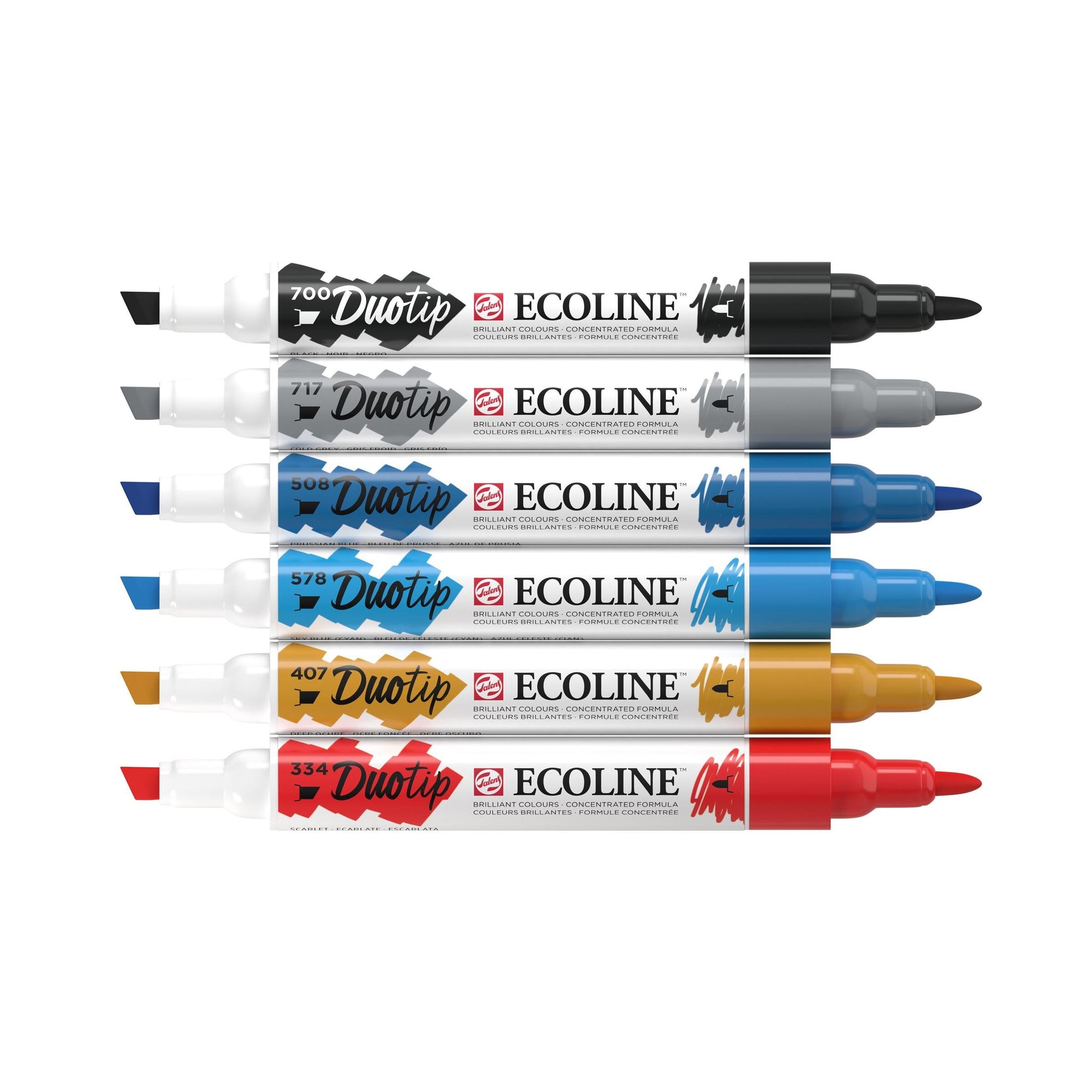 Ecoline Brush Pen Duotip – Keilspitze 6 mm, Rundspitze 1-2 mm – sortiert – 6er-Set – wasservermalbar