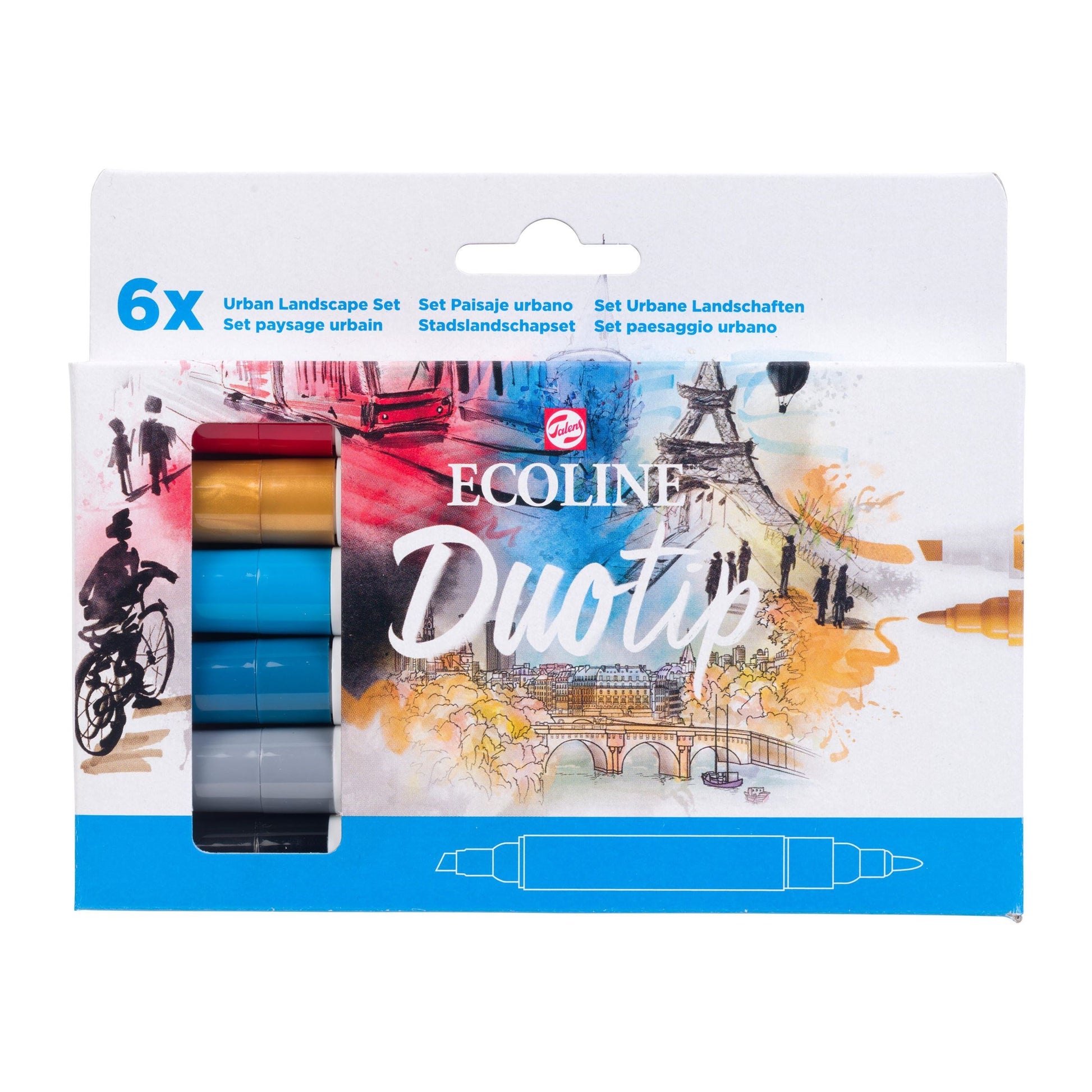 Ecoline Brush Pen Duotip – Keilspitze 6 mm, Rundspitze 1-2 mm – sortiert – 6er-Set – wasservermalbar