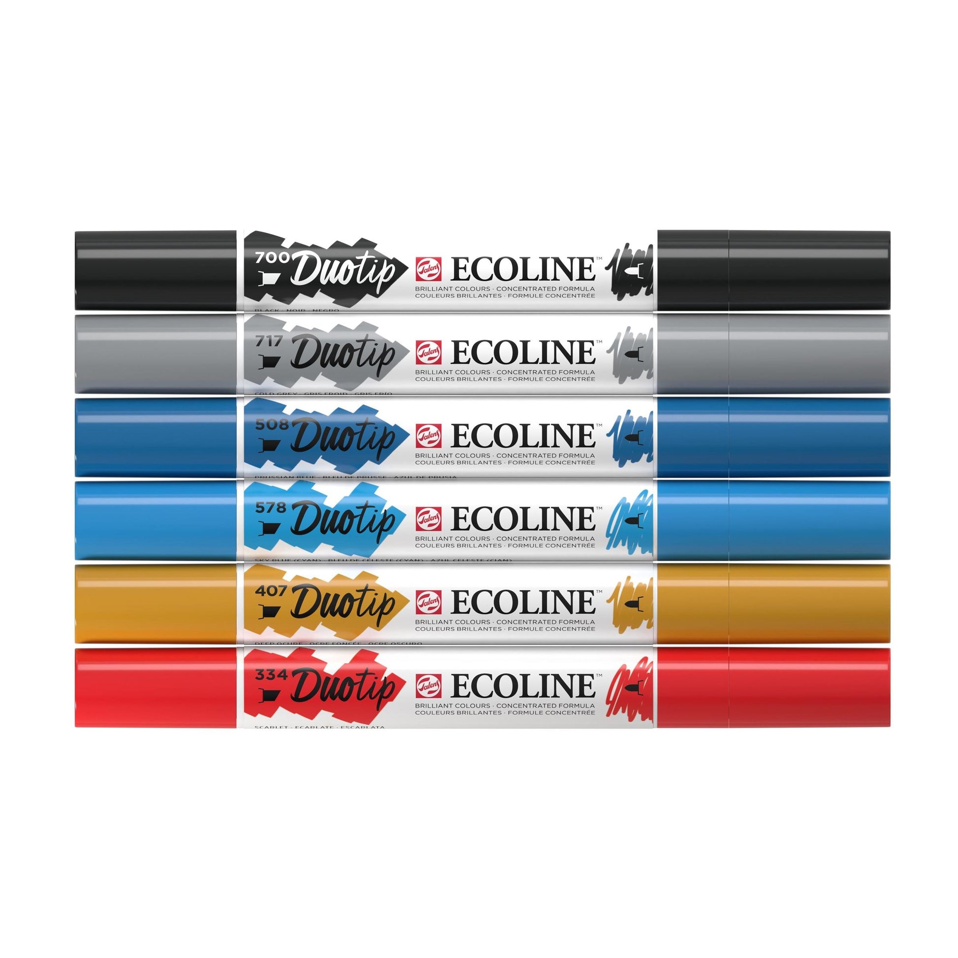 Ecoline Brush Pen Duotip – Keilspitze 6 mm, Rundspitze 1-2 mm – sortiert – 6er-Set – wasservermalbar
