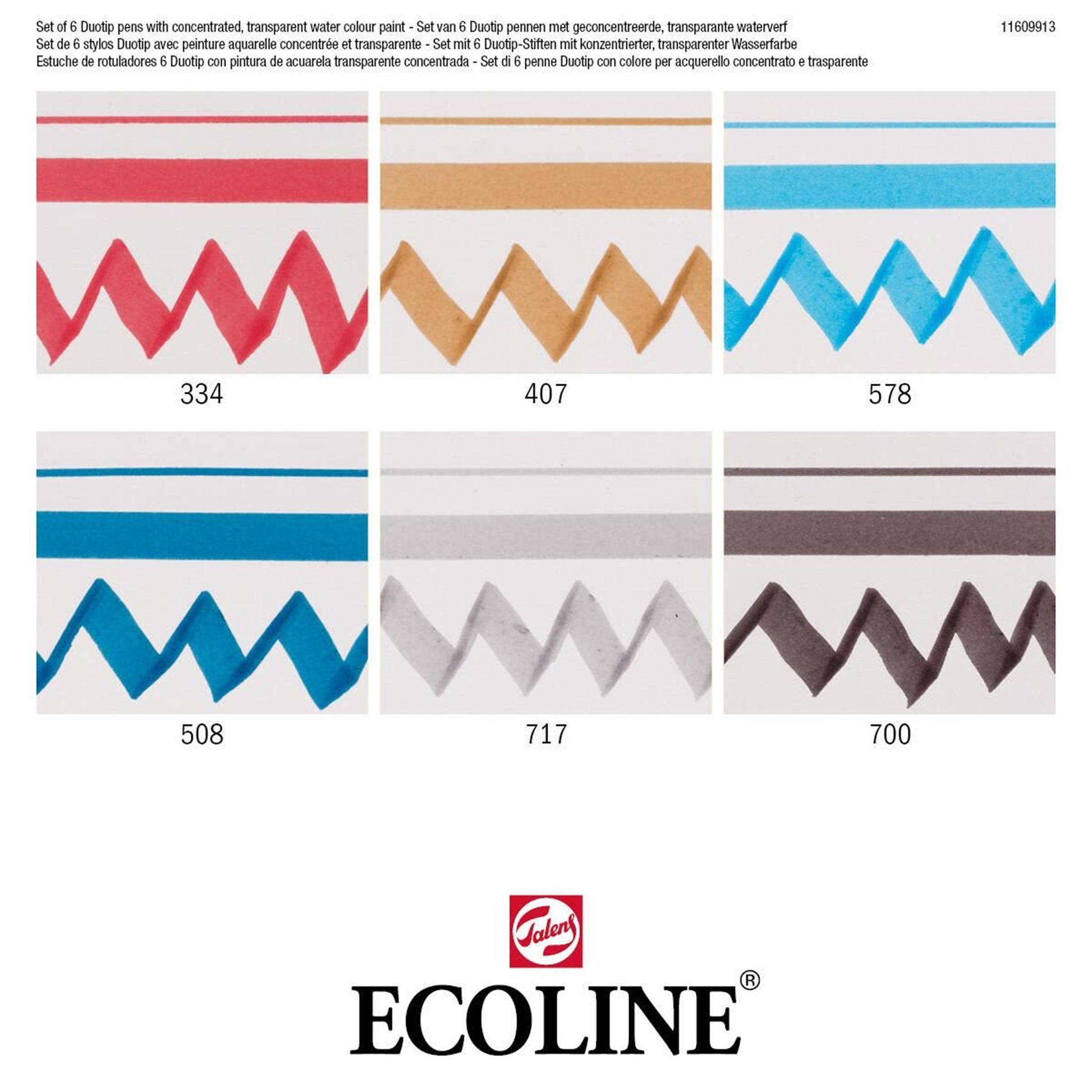 Ecoline Brush Pen Duotip – Keilspitze 6 mm, Rundspitze 1-2 mm – sortiert – 6er-Set – wasservermalbar