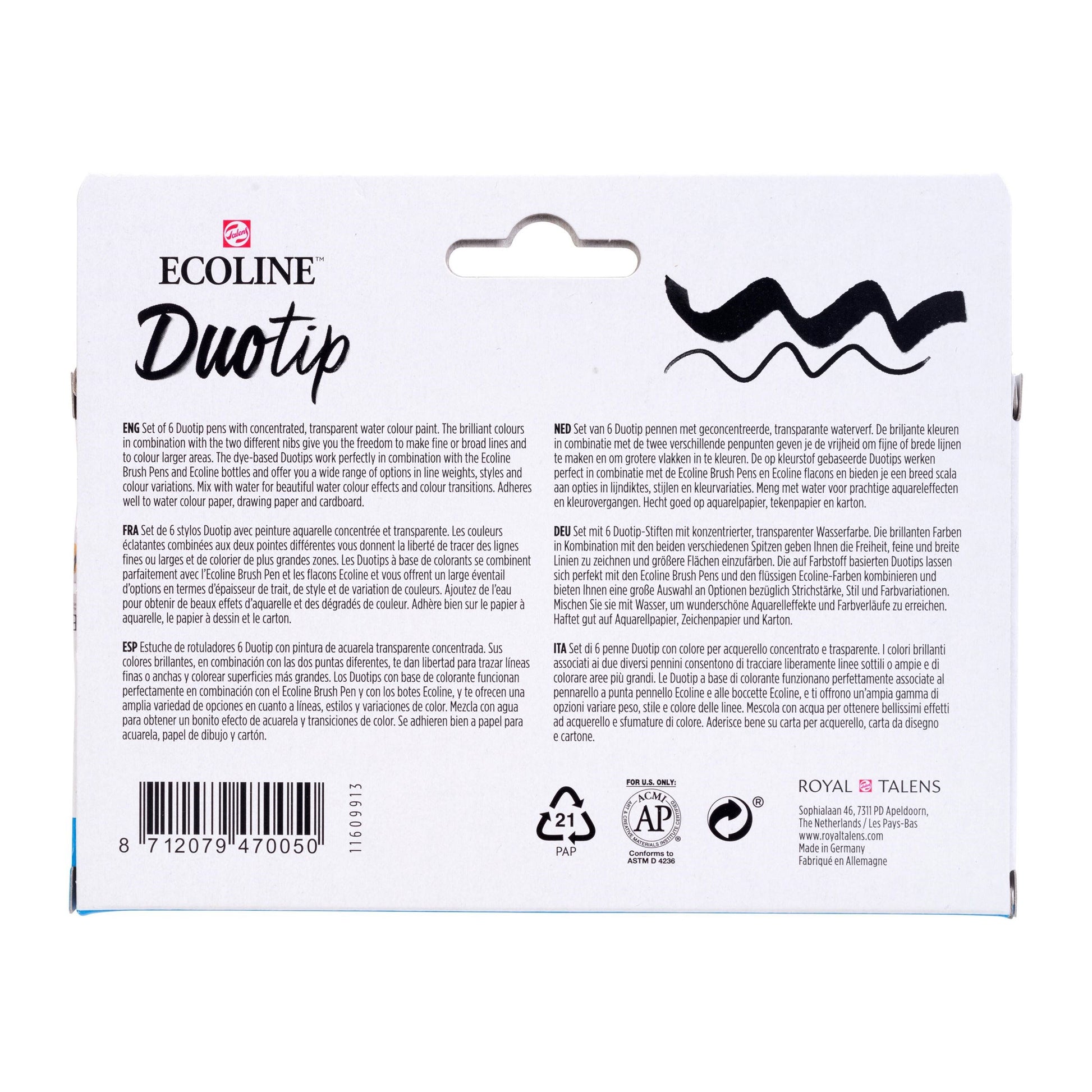 Ecoline Brush Pen Duotip – Keilspitze 6 mm, Rundspitze 1-2 mm – sortiert – 6er-Set – wasservermalbar