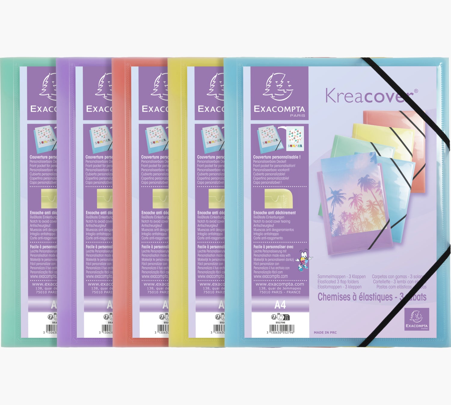 Exacompta Gummibandmappe Aquarel A4 – 3 Klappen, Gummiband, Polypropylen (PP), mehrfarbig, bis 250 Blatt