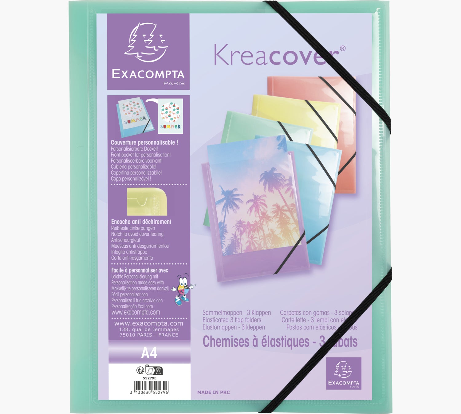 Exacompta Gummibandmappe Aquarel A4 – 3 Klappen, Gummiband, Polypropylen (PP), mehrfarbig, bis 250 Blatt
