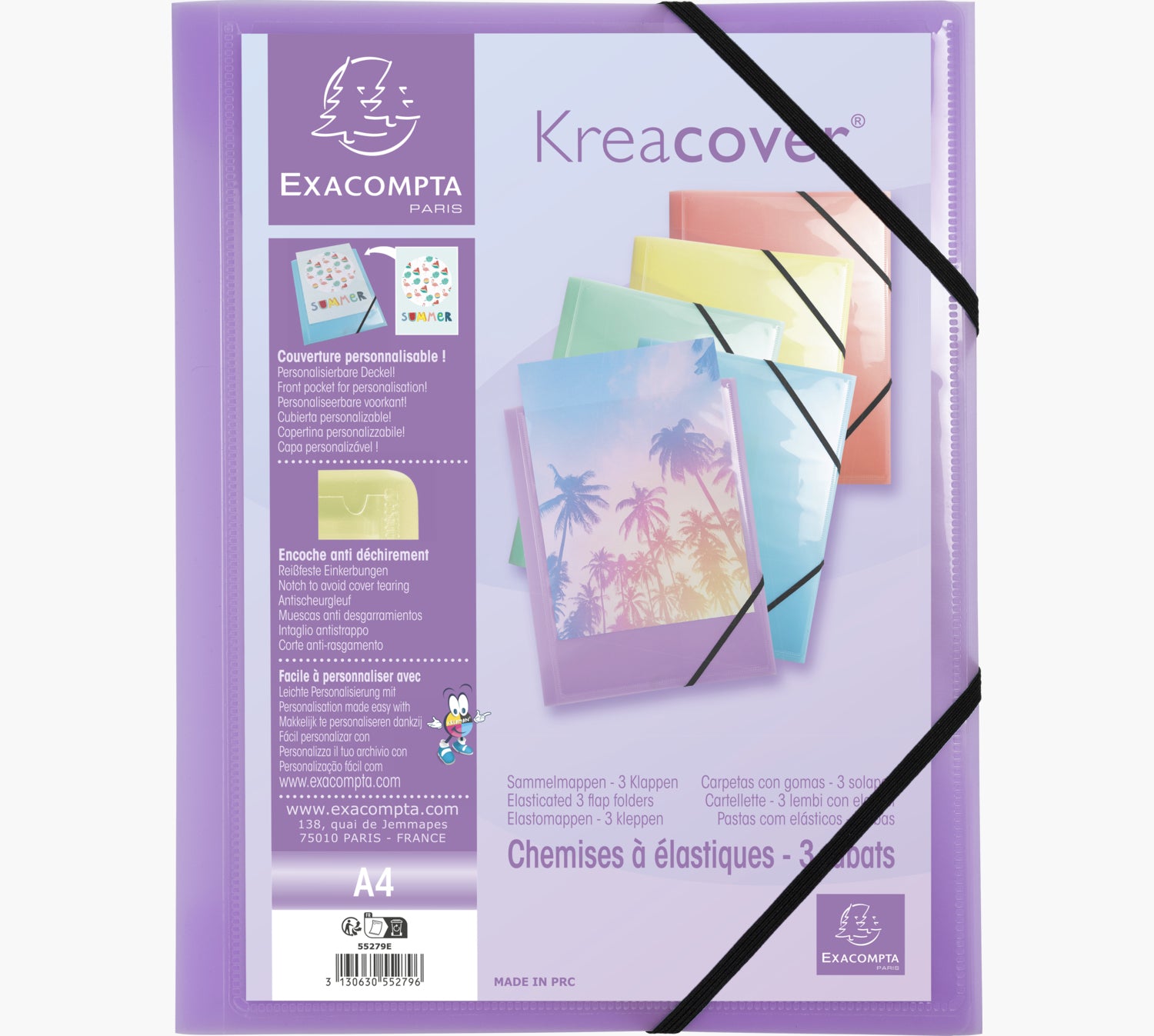 Exacompta Gummibandmappe Aquarel A4 – 3 Klappen, Gummiband, Polypropylen (PP), mehrfarbig, bis 250 Blatt